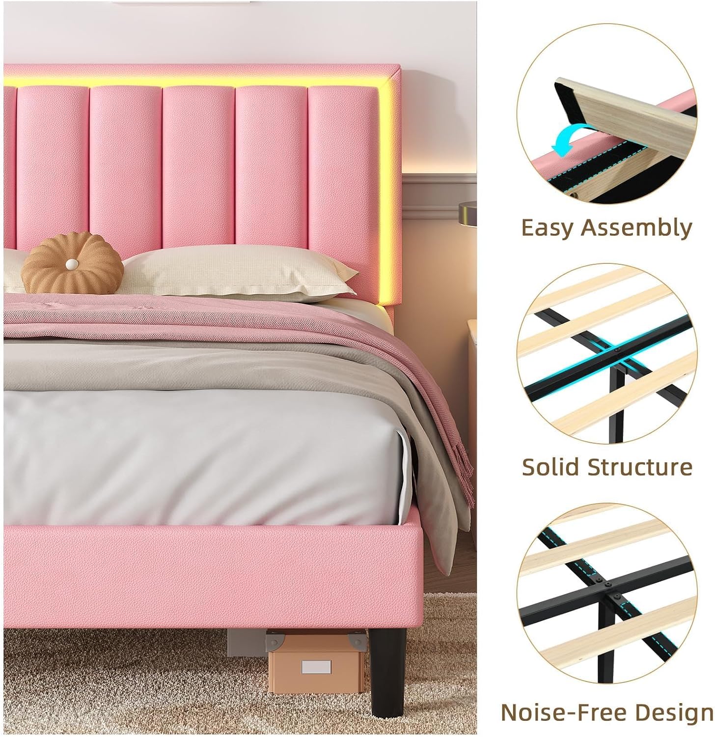 IMMERSTABLE Full Size Bed Frame with RGB LED Lights, Upholstered Platform Bed Frame with Headboard, Wood Slat Support, No Box Spring Needed, Quiet Design, Easy Assembly, Light Pink