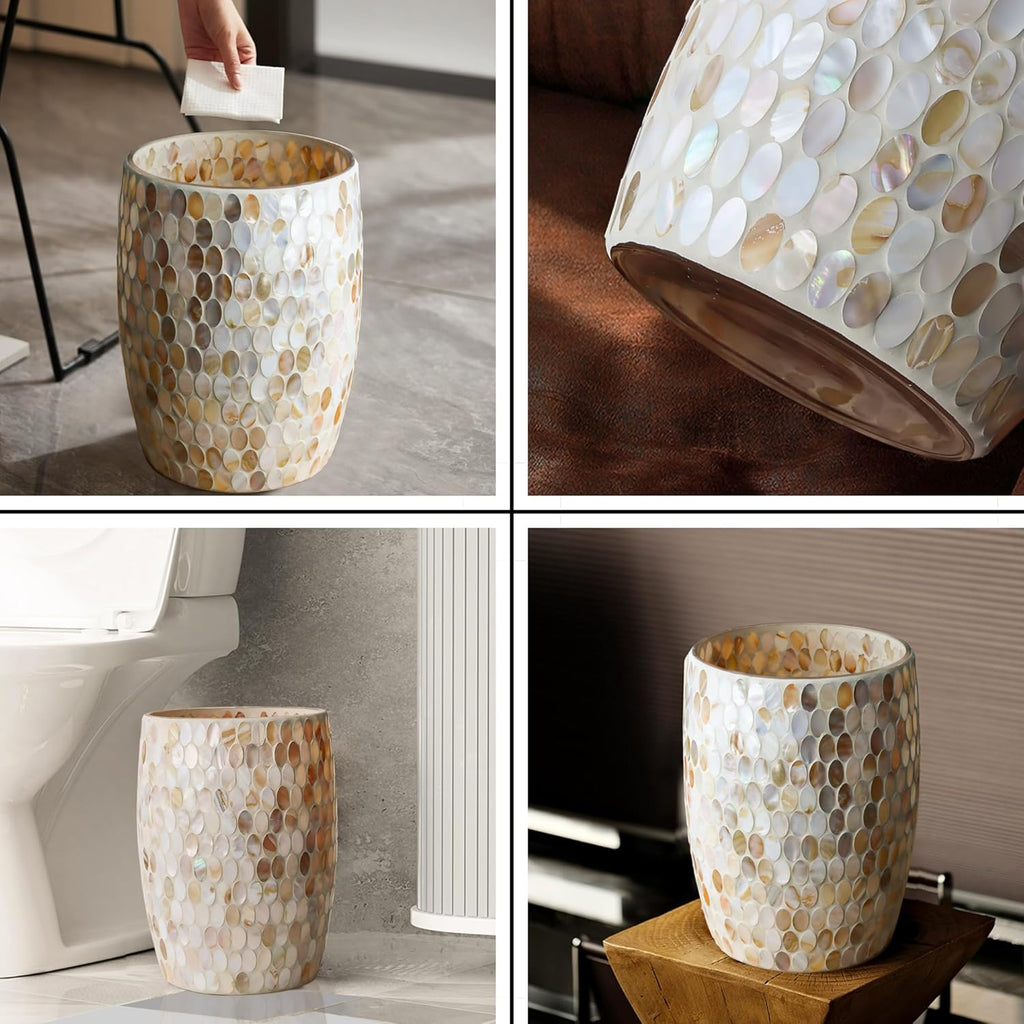 Natural Shell Bathroom Accessories Sets 5 Pcs | Luxurious Glass Soap Dispenser, Toothbrush Holder, Cotton Glass Jar, Small Bathroom Trash Can, Toilet Brush | Modern Seashell Bathroom Decor