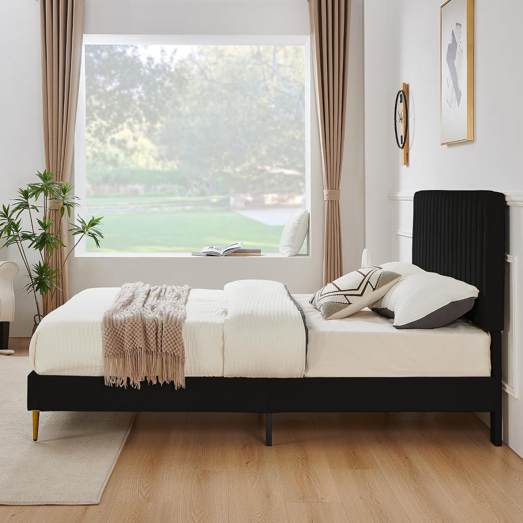 Furnify Full Platform Bed Frame, Velvet Upholstered Bedframe with Vertical Channel Adjustable Headboard, Golden Plating Trim, Mattress Foundation with Wooden Slats, No Box Spring Needed, Black