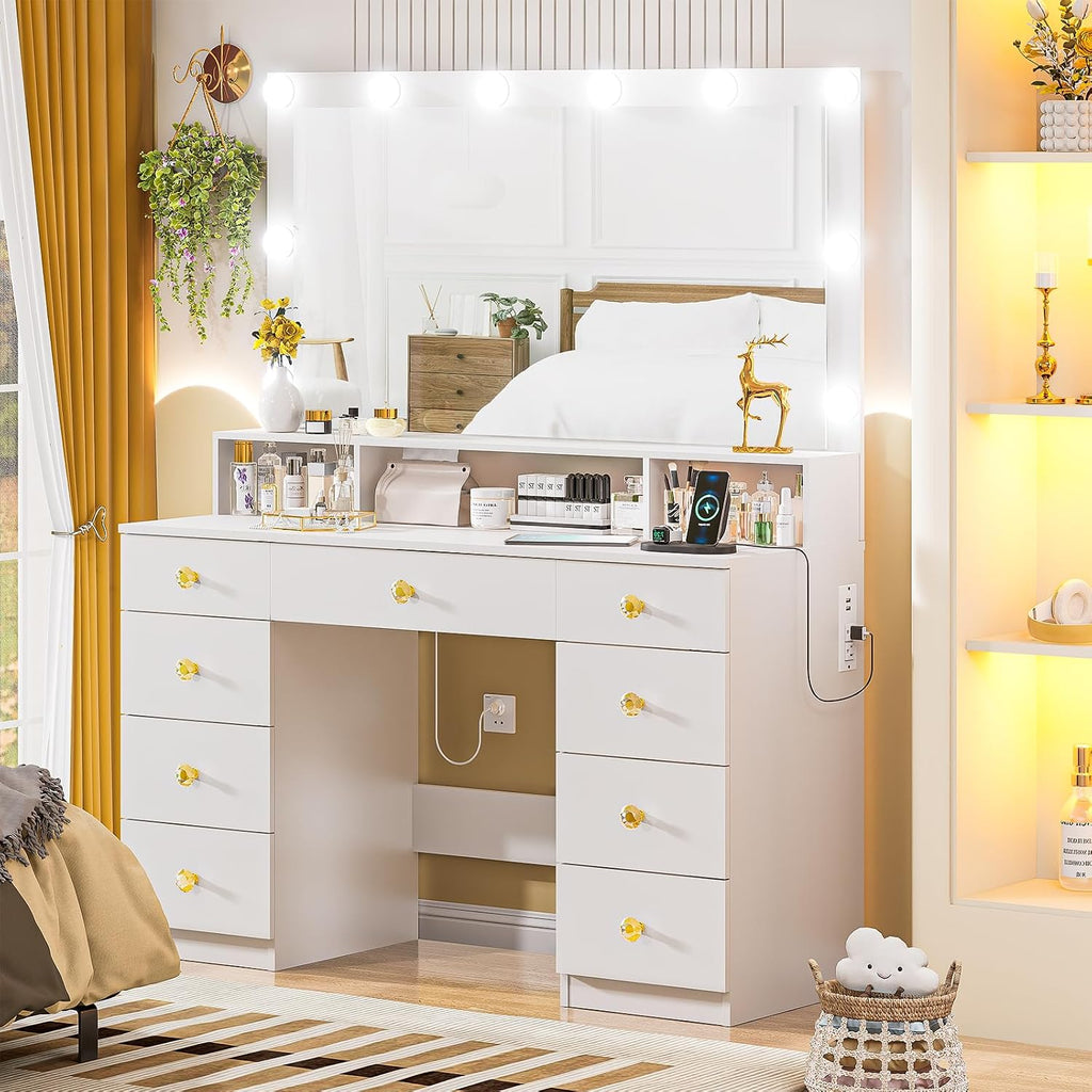 DINGIPP Vanity Desk with Lighted Mirror, Makeup Vanity Table with Power Outlet, 9 Drawers & Crystal Handles, 43.3' Large Vanity Desk Dressing Table for Women, Girls, Bedroom, White
