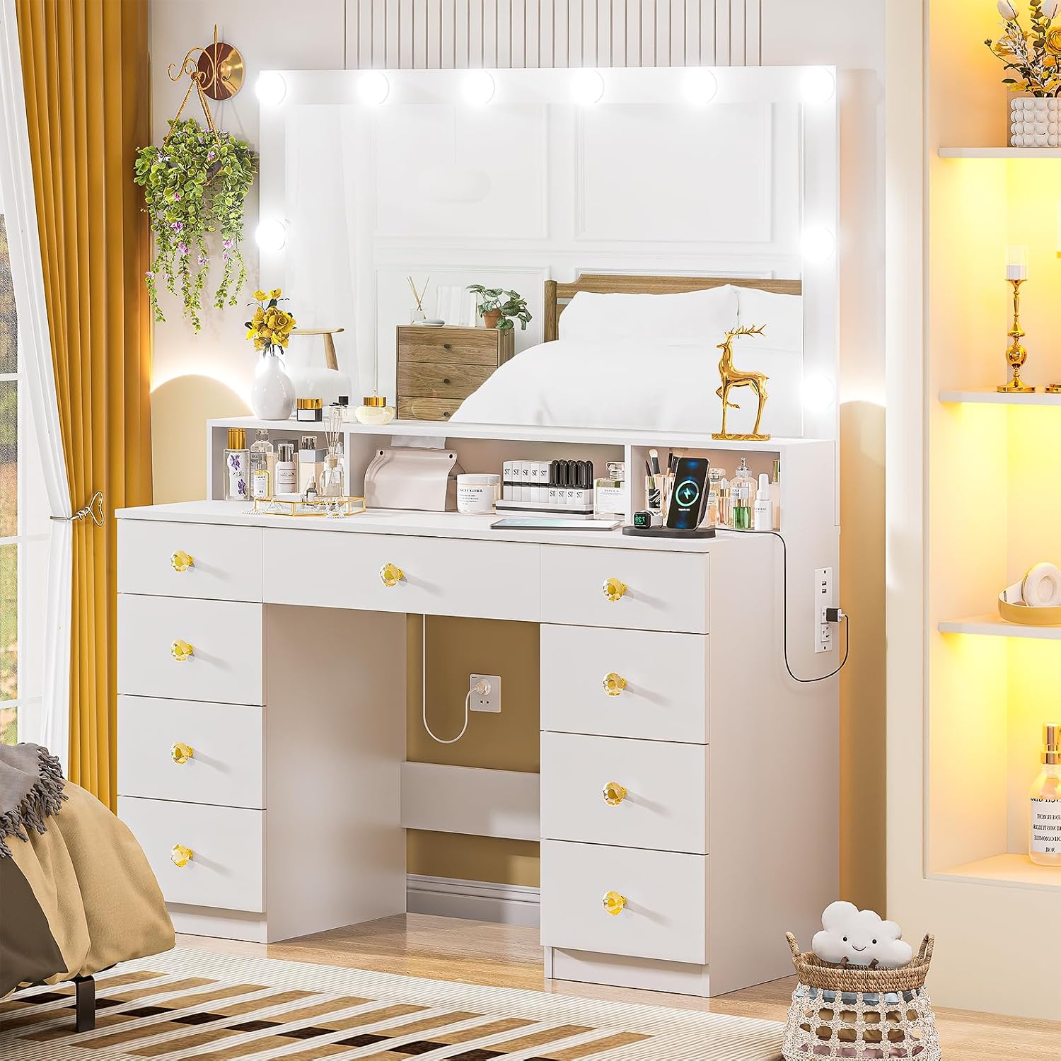 DINGIPP Vanity Desk with Lighted Mirror, Makeup Vanity Table with Power Outlet, 9 Drawers & Crystal Handles, 43.3' Large Vanity Desk Dressing Table for Women, Girls, Bedroom, White