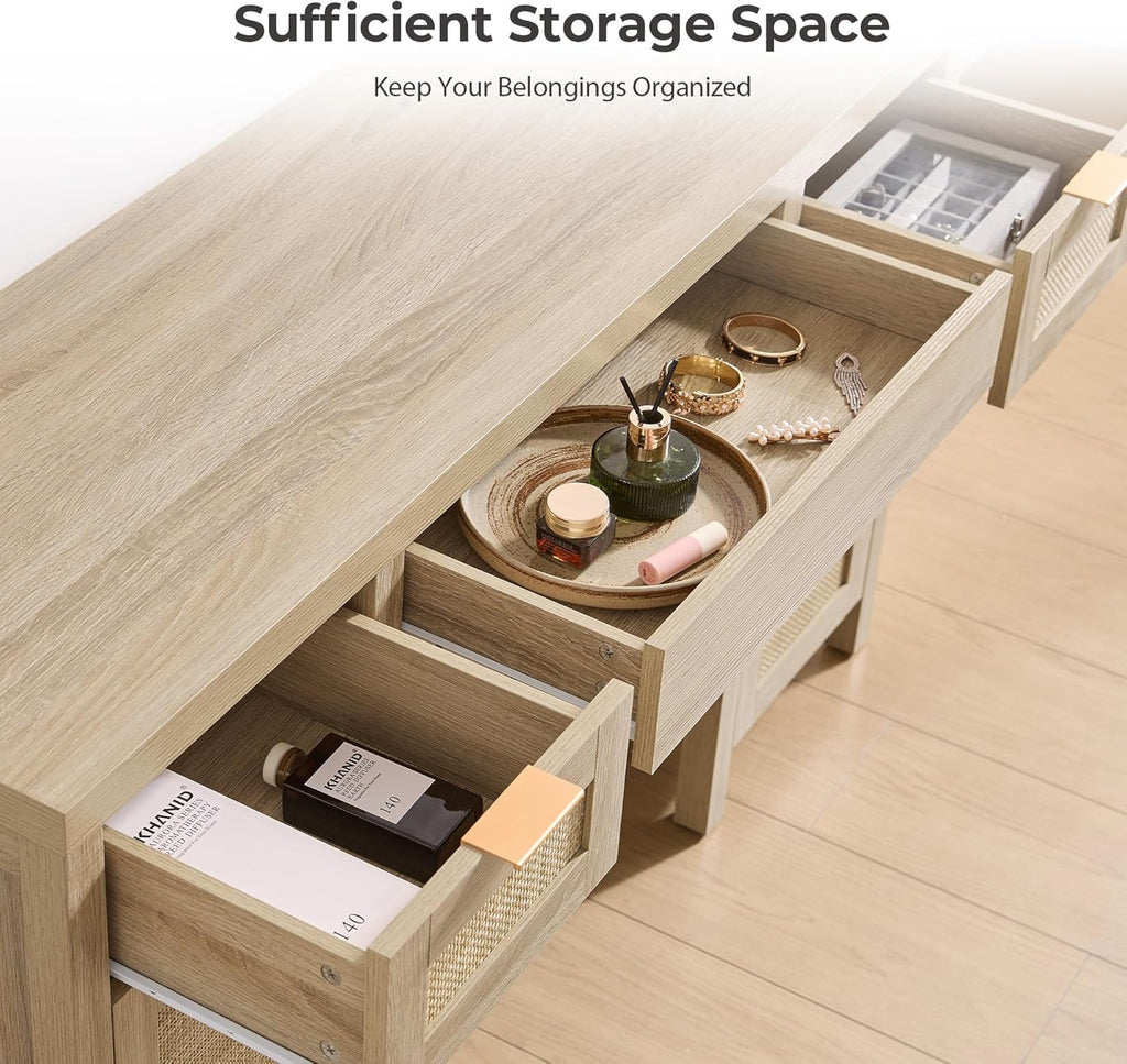SICOTAS 52' Rattan Vanity Desk with Storage, Boho Farmhouse Makeup Dressing Table with 3 Drawers & 2 Cabinets, Wooden Home Office Desk for Bedroom, Light Oak