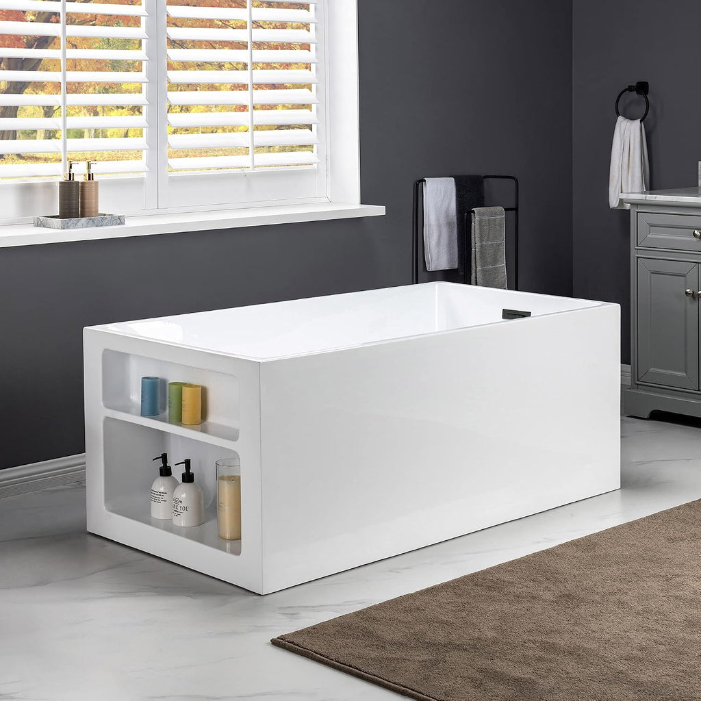 WOODBRIDGE 59' Acrylic Freestanding Bathtub Contemporary Soaking White Tub with Matte Black Overflow and Drain，BTA0081-MB-Drain&O