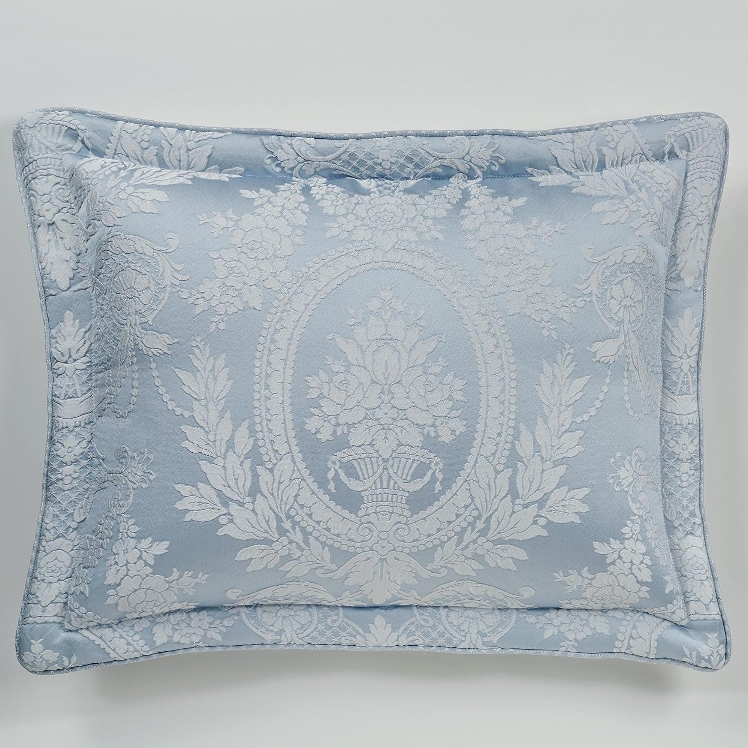 Contessa Luxury Bedding | Iced Platinum and Powder Blue Hues | Puff Jacquard-Woven Traditional Floral Bouquet and Swag Motifs | 4 Piece Bed Set Includes Queen Comforter, Bedskirt, and 2 Standard Shams