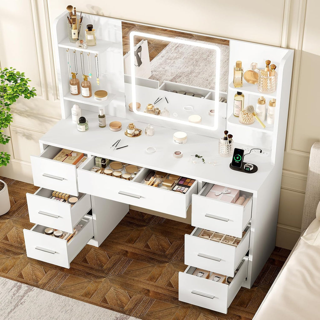 Quimoo Large Vanity Desk with LED Lighted Mirror & Power Outlet, Makeup Vanity Table with 7 Drawers,4 Shelves and 5 Hooks, White Vanity for Bedroom, Bathroom