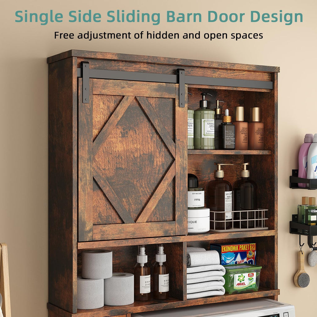 Over the Toilet Storage Cabinet with Farmhouse Sliding Barn Door, Above Toilet Organizer with Toilet Paper Holder Stand, Behind Toilet Shelf, Space Saver for Restroom, Bathroom, Laundry, Brown