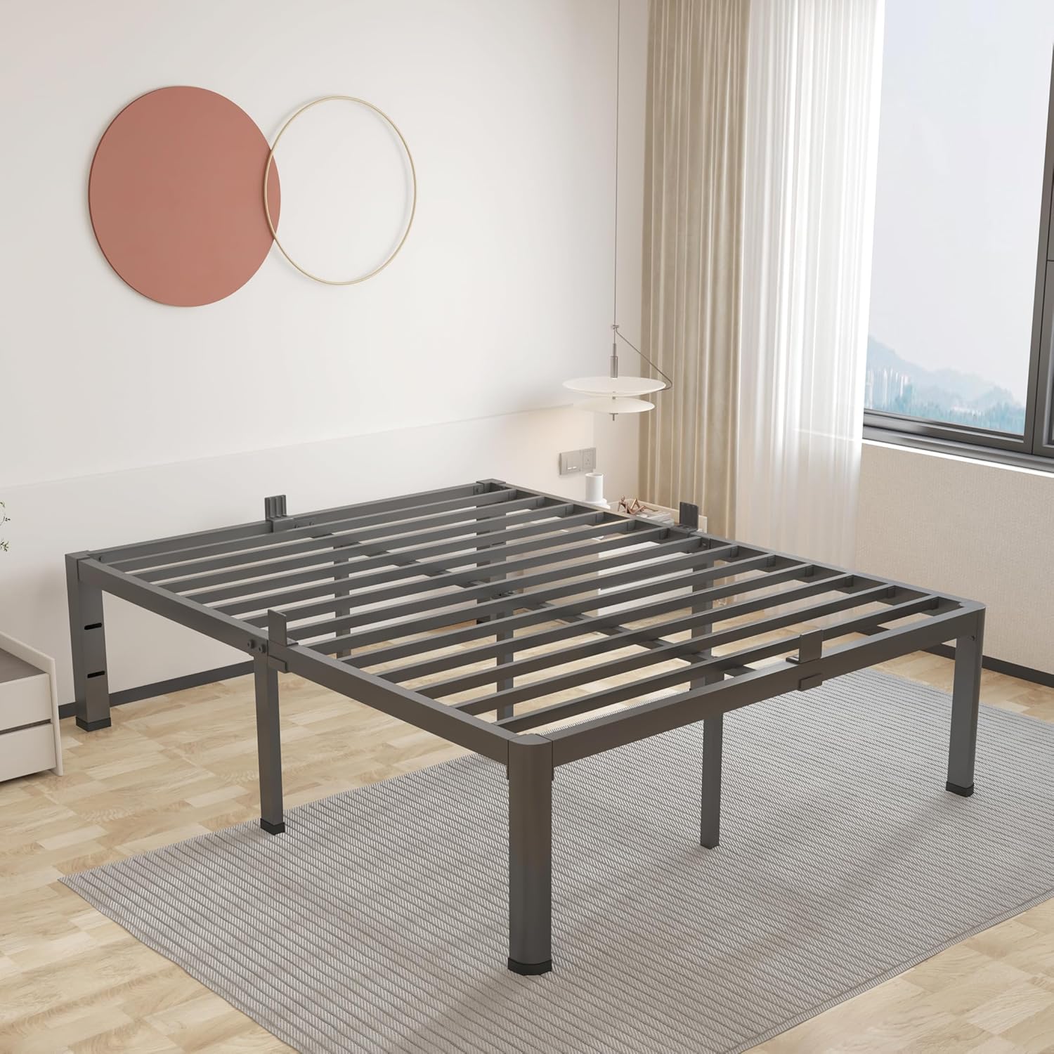 ROIL 16 Inch Queen Bed Frame with Rounded Corner and Headboard Hole Mattress Retainers 3500LBS Metal Heavy Duty Steel Slats No Box Spring Needed Platform Noise-Free Easy Assembly
