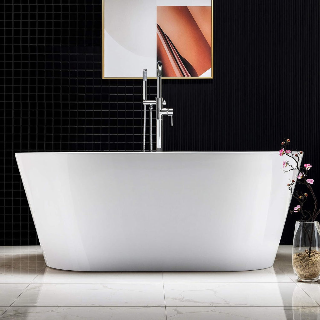 WOODBRIDGE 59' Acrylic Freestanding Bathtub Contemporary Soaking White Tub with Chrome Overflow and Drain,B0014-CH