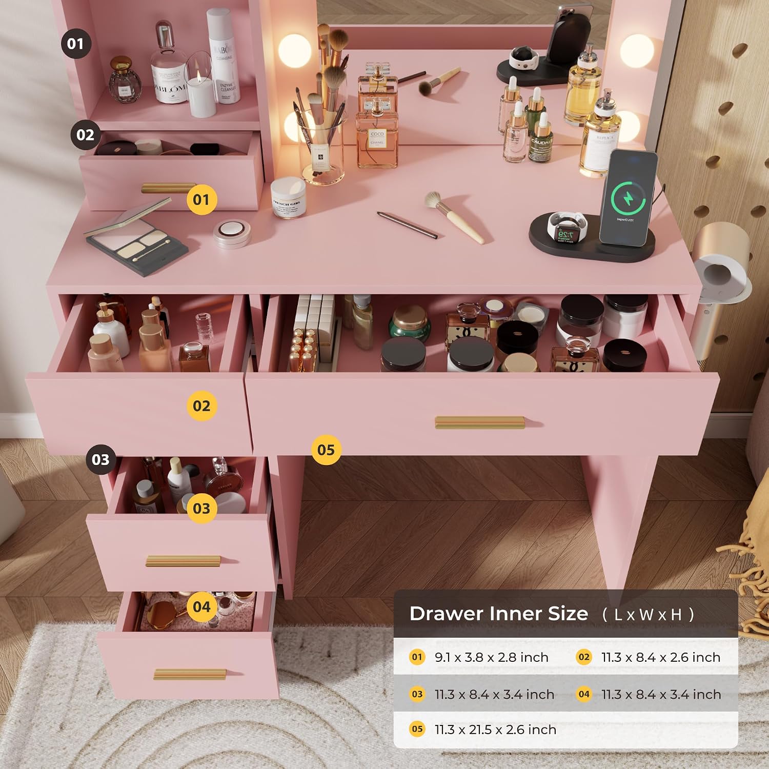 Otterease Vanity Desk with LED Lighted Mirror&Power Outlet, 3 Lighting Colors Makeup Vanity Desk with 5 Large Drawers and 3 Storage Shelves, Pink Vanity with Storage Stool for Bedroom