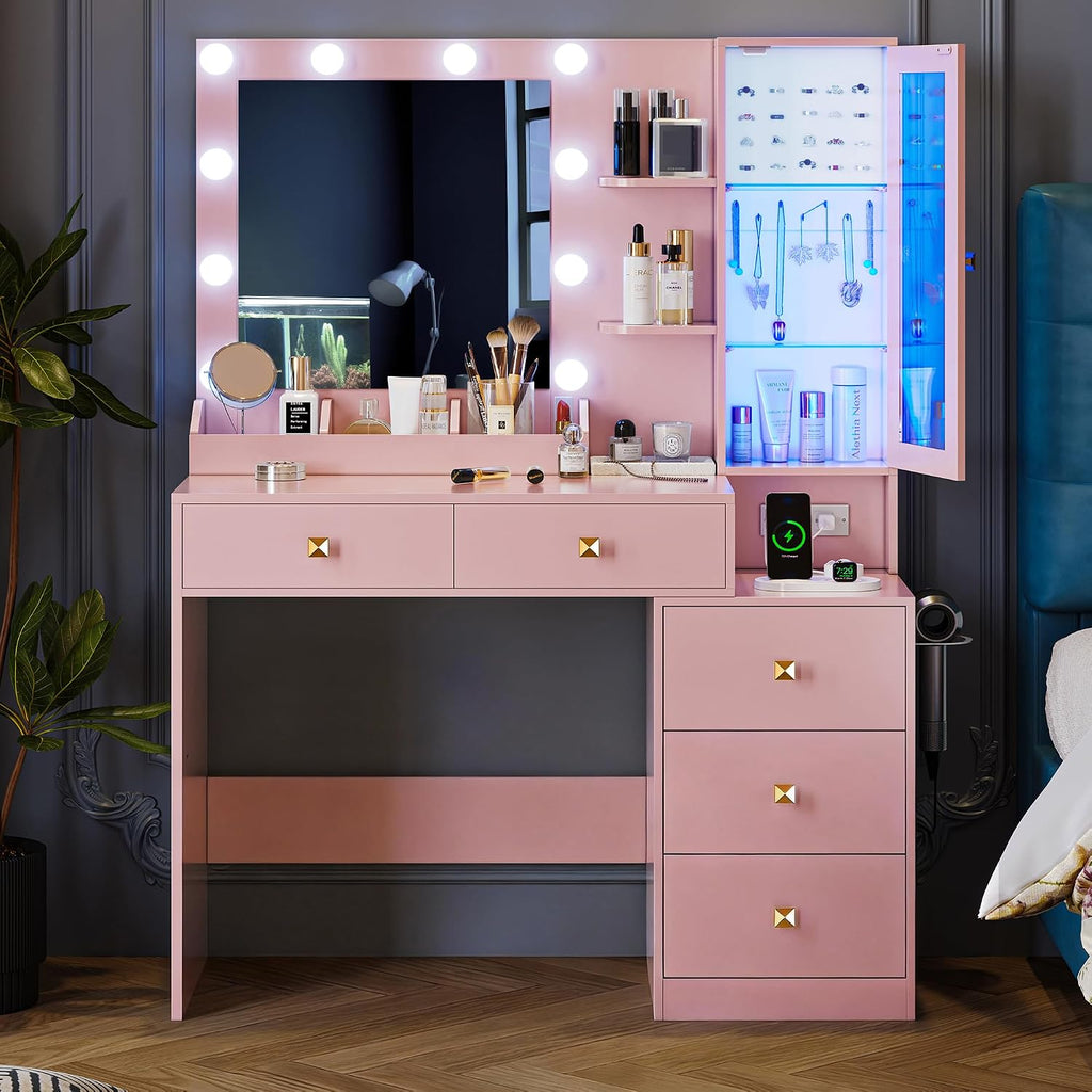 Xixini Vanity Desk with Mirror and Lights, Makeup Vanity Table Set with 5 Storage Drawers, Power Outlet, Small Dressing Table with RGB Ambient Light, Adjustable Brightness for Girls Bedroom, Pink