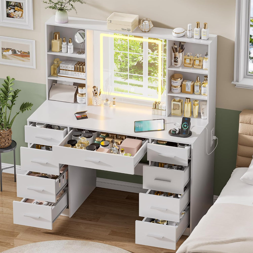 Vanity Desk with Mirror and Lights, Makeup Vanity Desk with 9 Drawers & 6 Shelves, Make up Vanity, Dressing Table with Touch Screen Mirror & Power Outlet, White Vanity for Girls Women, Bedroom