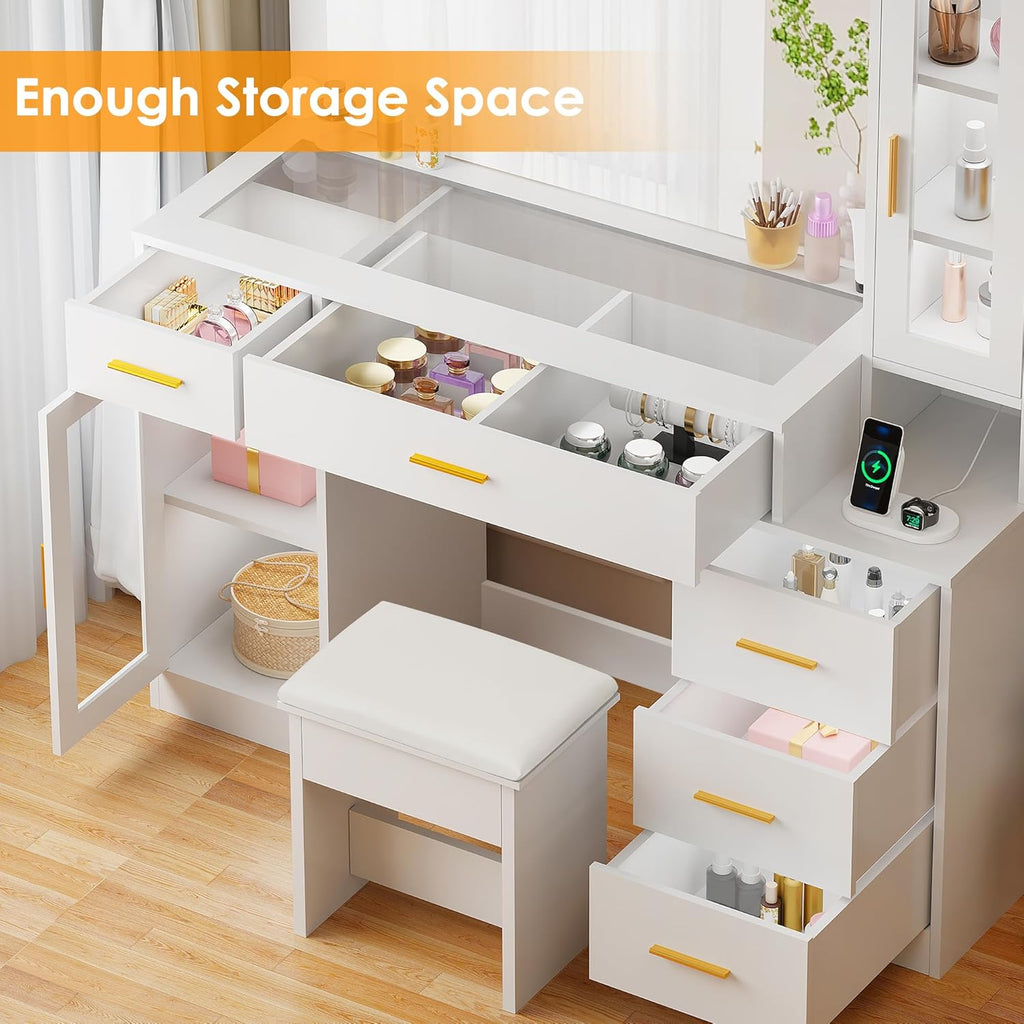 BEWISHOME 49.2' Large Vanity Desk with Mirror and Lights,White Makeup Vanity Table with Glass Top,Stool,Makeup Desk with Power Outlet,5 Drawers,Nightstand,Dressing Table for Bedroom Women FST34W