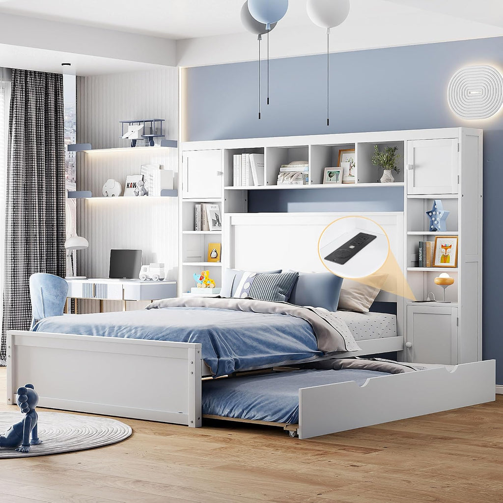 Polibi Full Size Bed Frame with Bookcase Headboard,2 Storage Drawers and Trundle,Wooden Platform Bed Full Size with All-in-One Cabinet, Shelf and Sockets,White