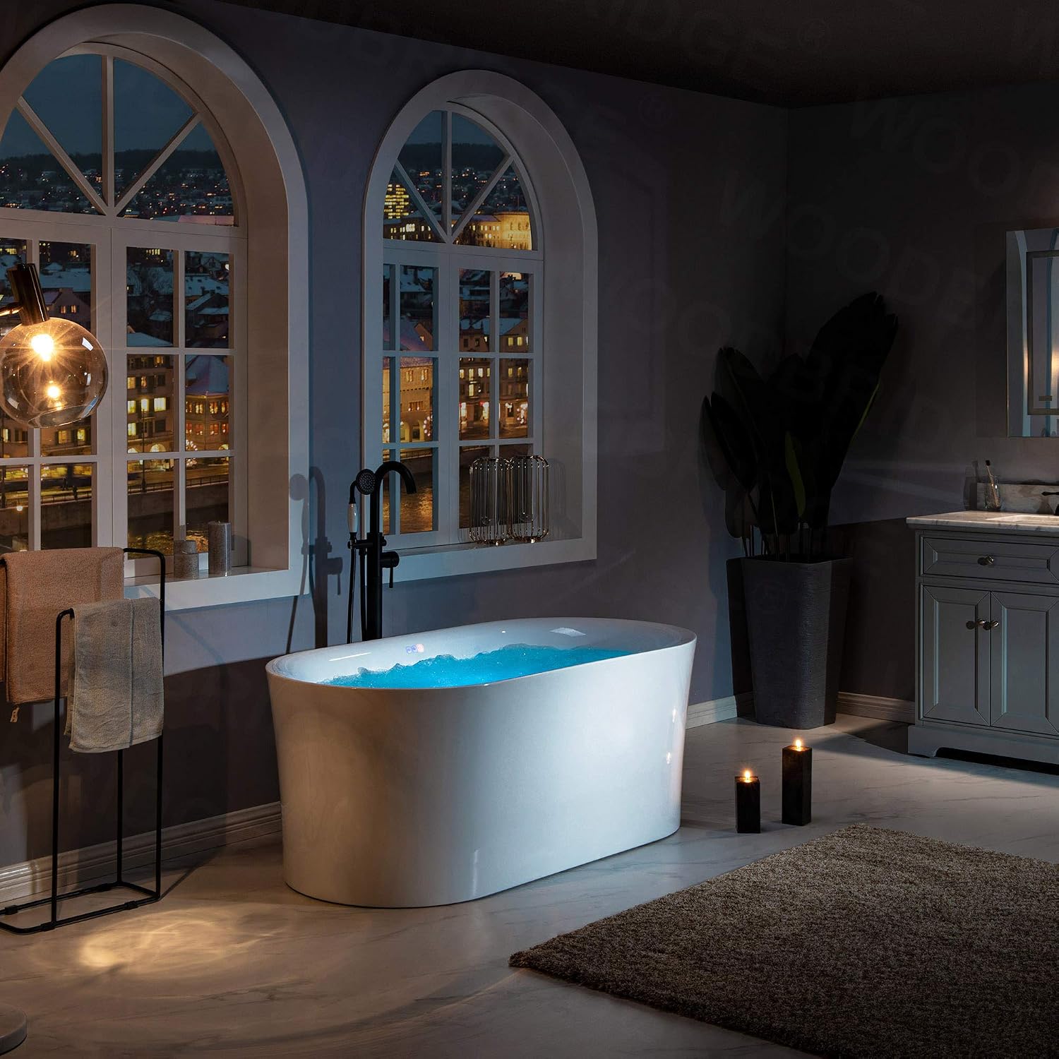 WOODBRIDGE 67' Acrylic Freestanding Bathtub Contemporary Soaking White Tub with Brushed Gold Overflow and Drain，B0101 -BG-Drain &O