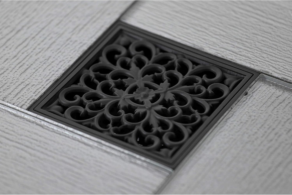 Scroll 4' Brass Square Grid Shower Drain with Hair Strainer, Oil Rubbed Bronze