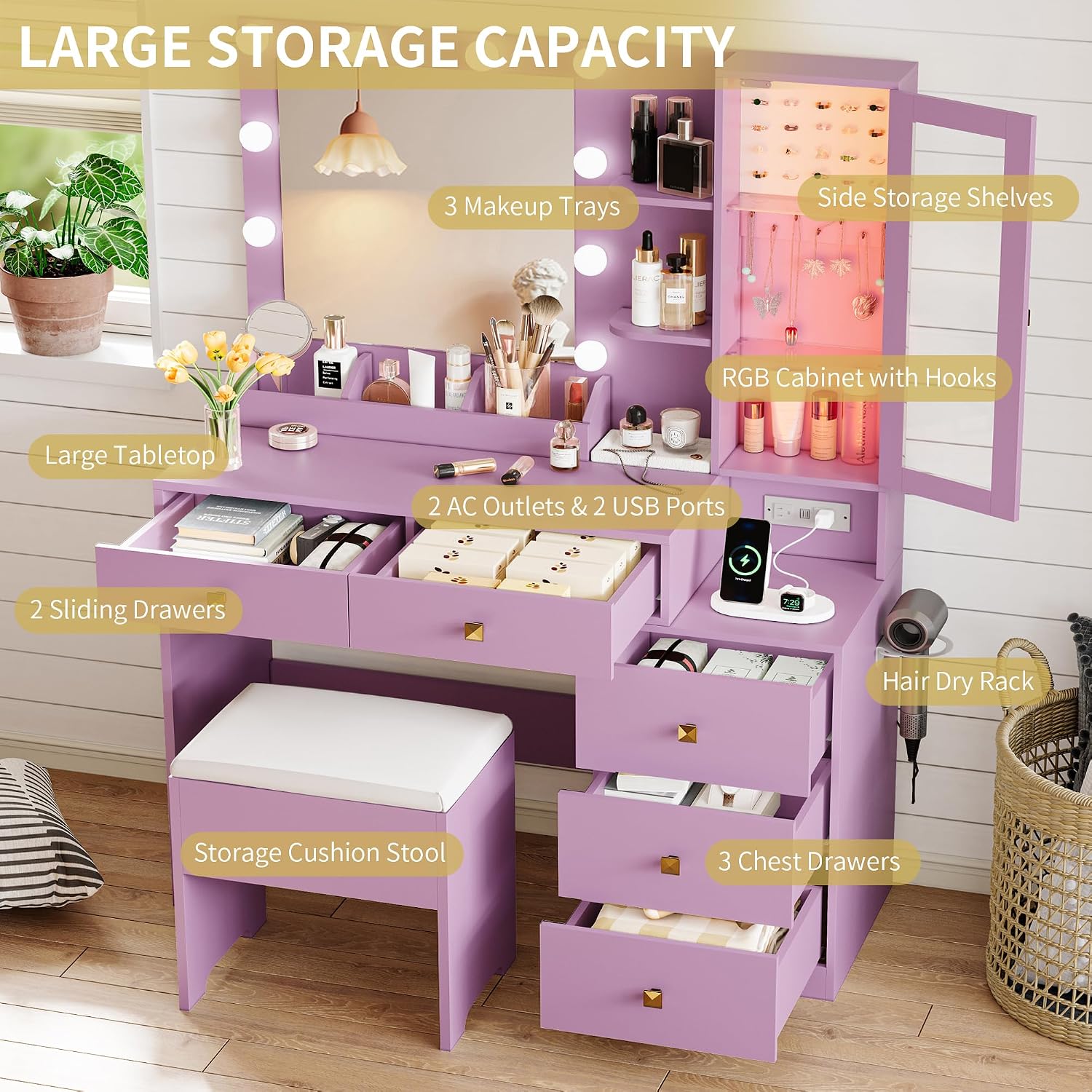 Vanity Desk with Mirror and Lights, Makeup Vanity Table Set with 5 Storage Drawers, Power Outlet & Chair, Small Dressing Table with RGB Ambient Light, Adjustable Brightness for Girls Bedroom, Purple