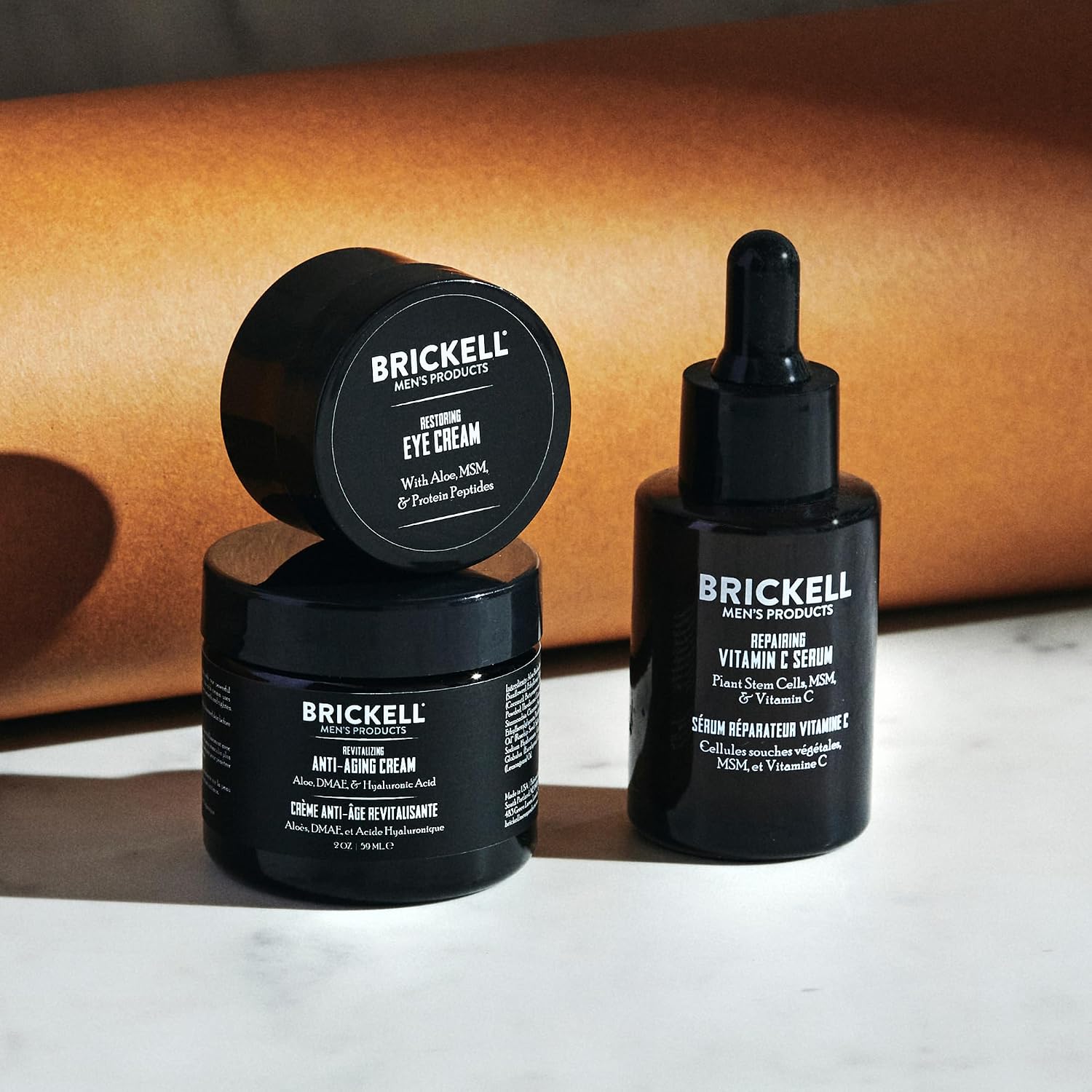 Brickell Men's Advanced Anti-Aging Routine, Night Face Cream, Facial Serum and Eye Cream, With Hyaluronic Acid, Vitamin C, and MSM, Scented, Skin Care Gift Set