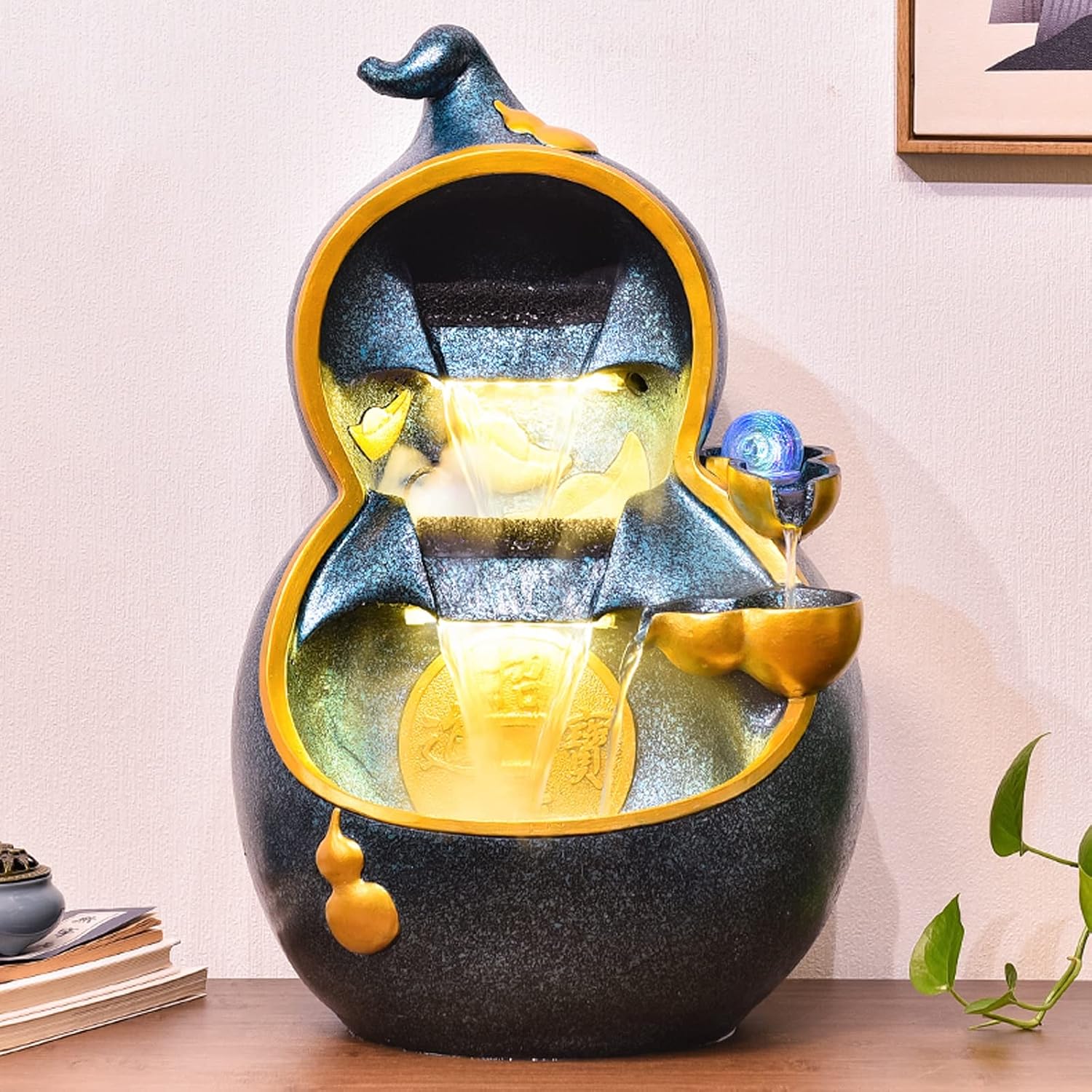 Desktop Fountain Resin Indoor Tabletop Fountain with Gourd Shape and Natural Flowing Water, Fountains for Home Office Living Room Desktop Decoration