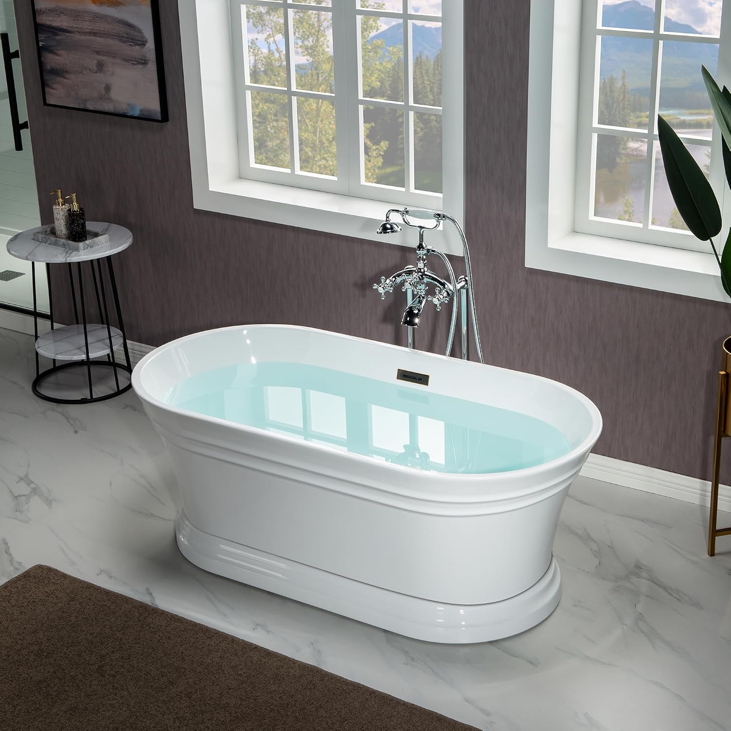 WOODBRIDGE 59'Freestanding White Acylic Soaking Bathtub with Oil Rubbed Bronze Drain and Overflow,B1536-ORB