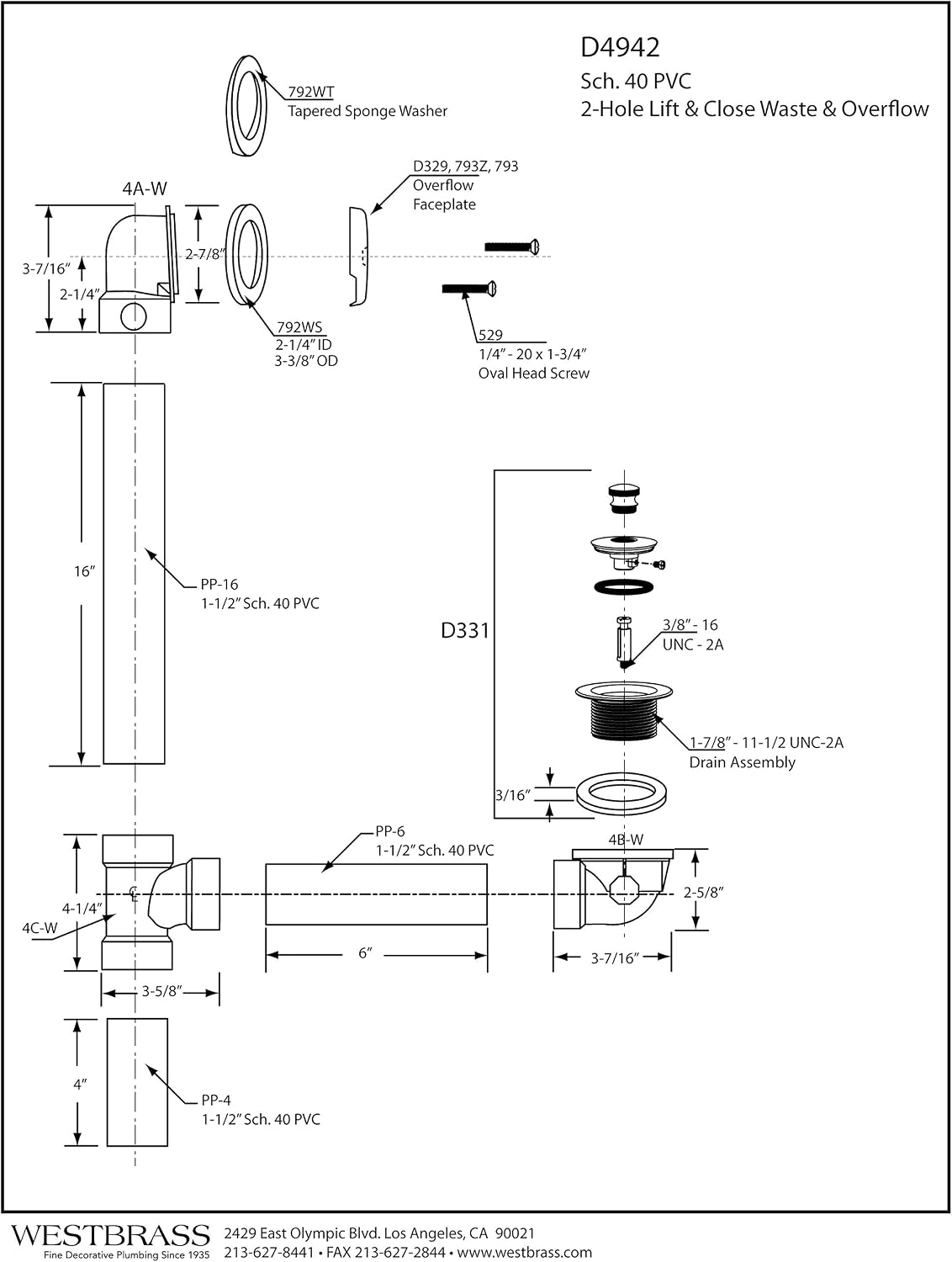 Westbrass D4942-4-62 1-1/2' x 12' Bath Waste & Overflow Assembly with Two-Hole Faceplate Cover and Twist & Close Drain Plug - Sch. 40 PVC, Matte Black (4-Pack)