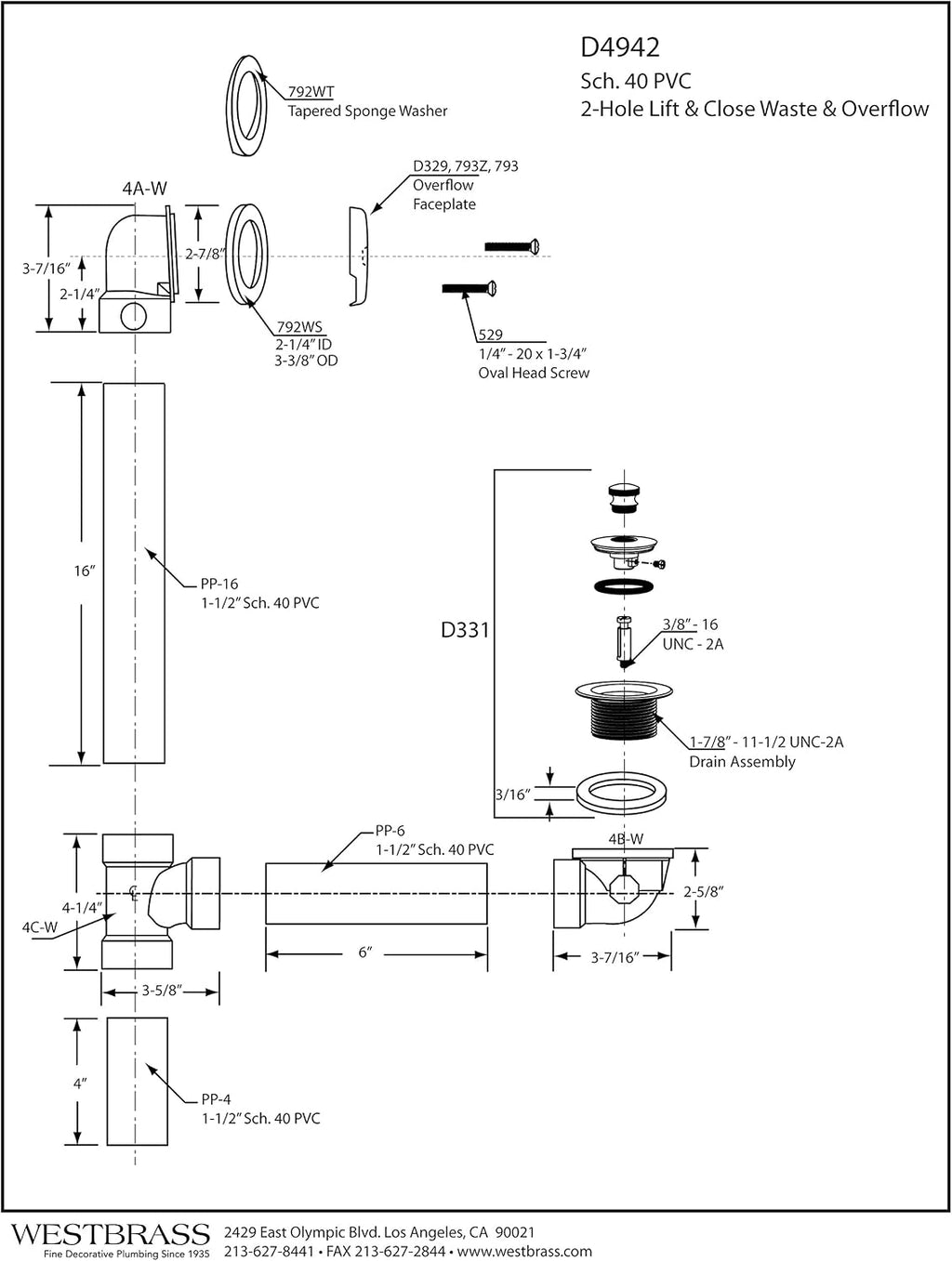 Westbrass D4942-12-62 1-1/2' x 12' Bath Waste & Overflow Assembly with Two-Hole Faceplate Cover and Twist & Close Drain Plug-SCH. 40 PVC, 12-Pack, Matte Black