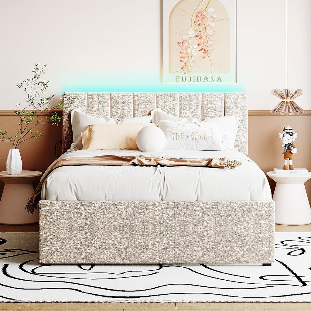 Ball & Cast Full Szie Upholstered Bed Frame with LED Light and Trundle,Teddy Fleece Platform Bed w/Channel Tufted Headboard &Wooden Slats Support,No Box Spring Needed, for Bedroom,Beige