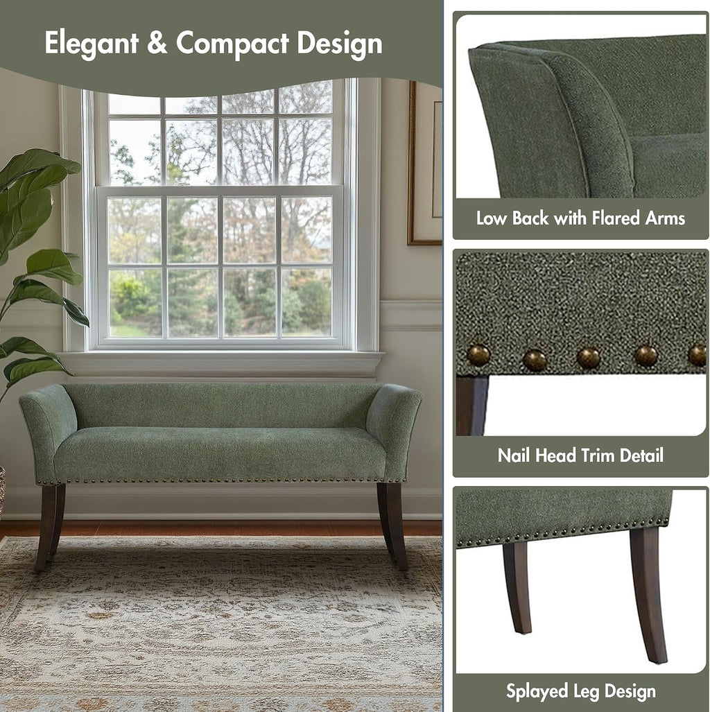 Madison Park Accent Bench, Plush Upholstered, Nailhead Trim, & Padded Seat Entryway Bench Small, End of Bed Bench with Back, 49.5' W x 19.25' D x 23' H, Green
