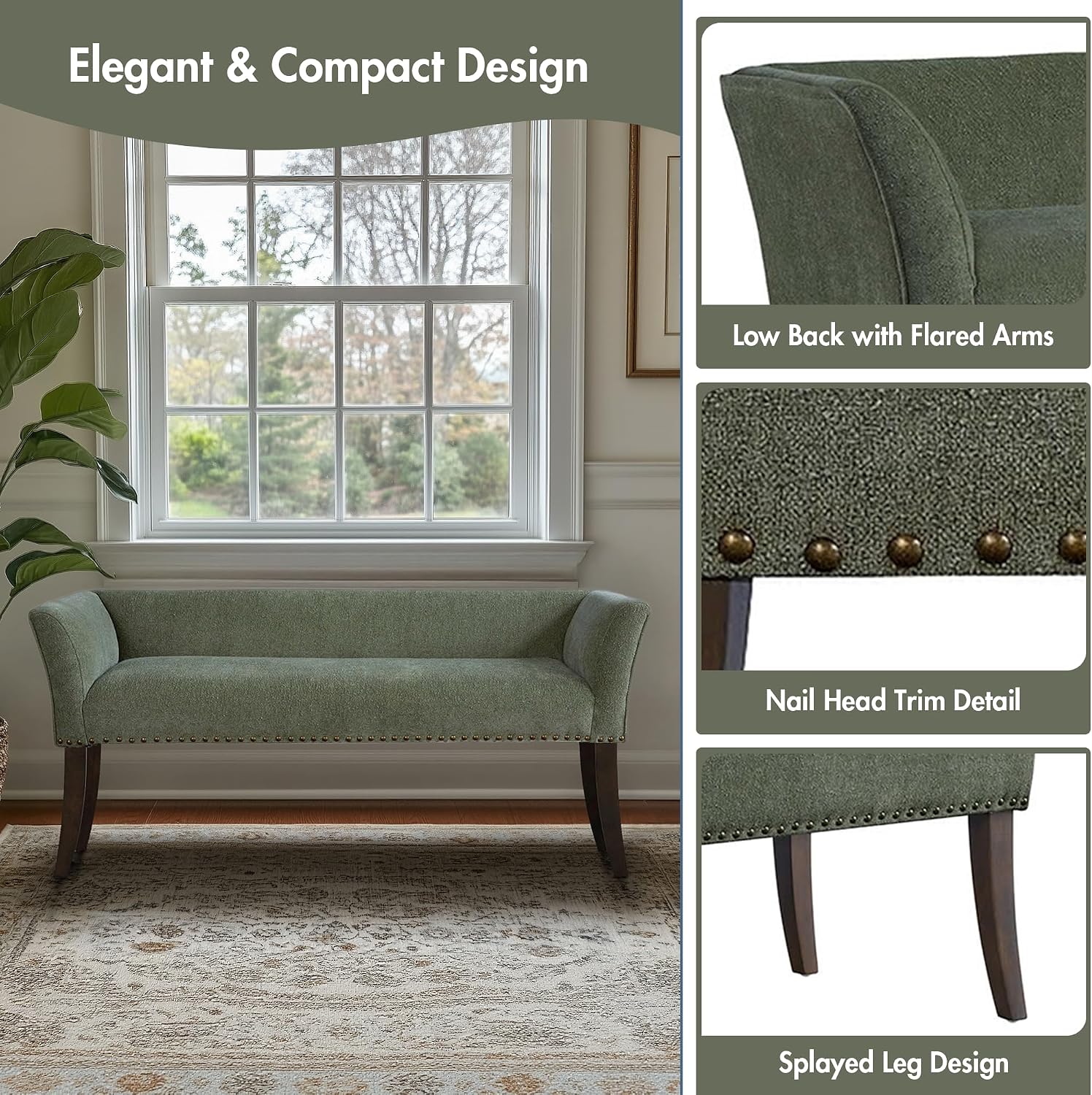 Madison Park Accent Bench, Plush Upholstered, Nailhead Trim, & Padded Seat Entryway Bench Small, End of Bed Bench with Back, 49.5' W x 19.25' D x 23' H, Green