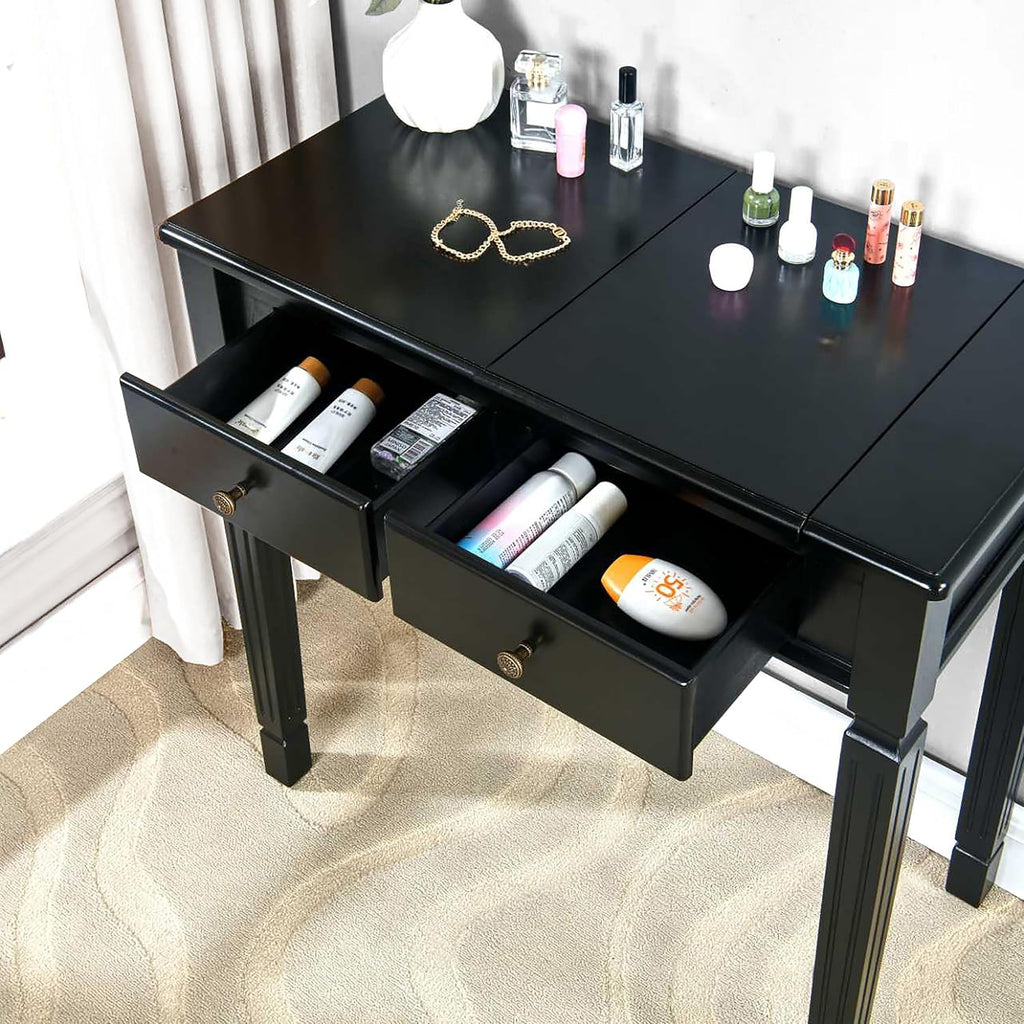 Small Makeup Vanity Desk Table with Flip-Top Mirror and Hidden Storage Compartments, Wood Computer Writing Desk with 2 Drawers, Easy Assembly Dressing Table for Bedroom Black SZT-D0036-BK