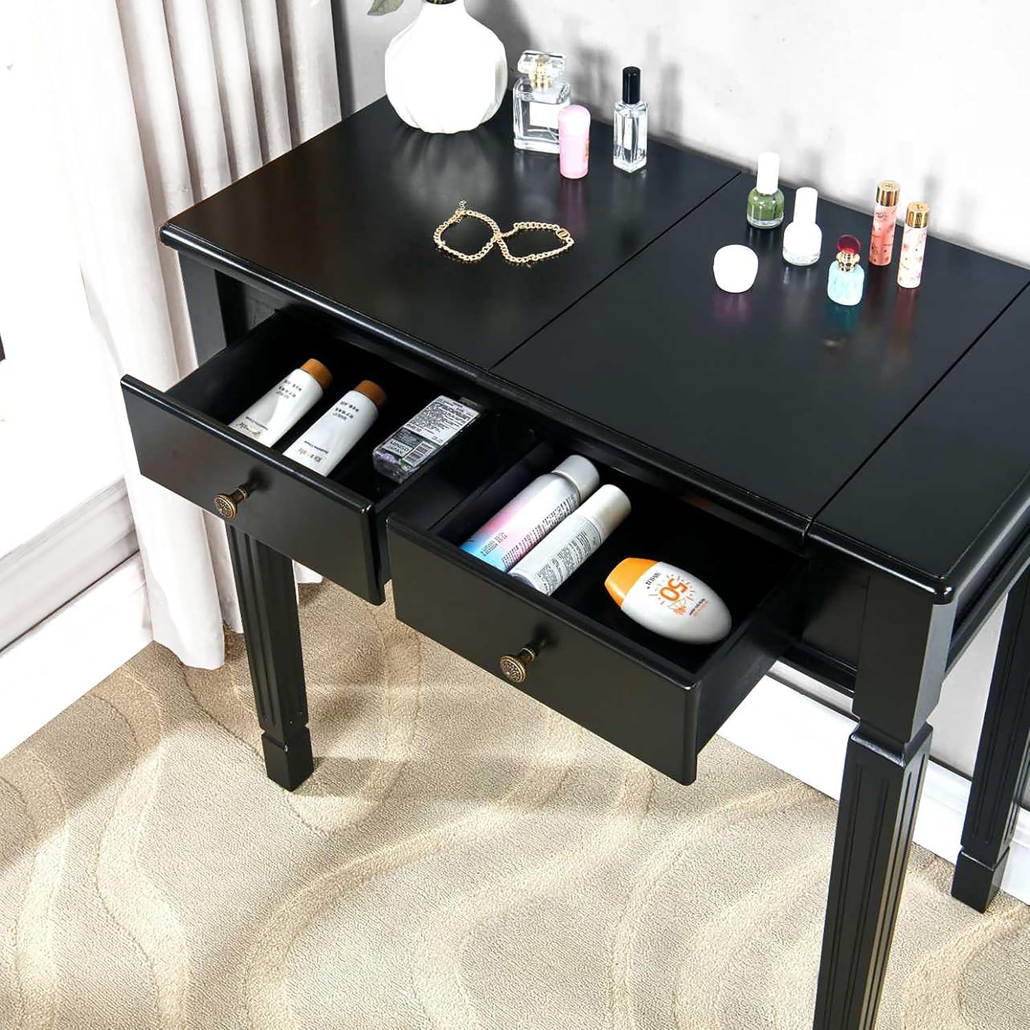 Small Makeup Vanity Desk Table with Flip-Top Mirror and Hidden Storage Compartments, Wood Computer Writing Desk with 2 Drawers, Easy Assembly Dressing Table for Bedroom Black SZT-D0036-BK