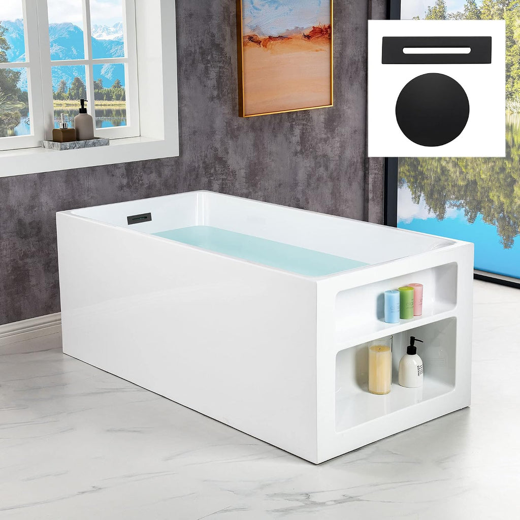 WOODBRIDGE 59' Acrylic Freestanding Bathtub Contemporary Soaking White Tub with Matte Black Overflow and Drain，BTA0081-MB-Drain&O