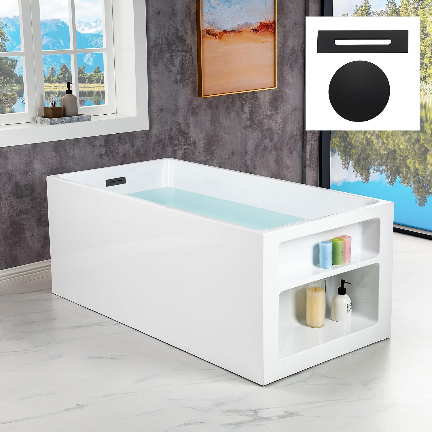 WOODBRIDGE 59' Acrylic Freestanding Bathtub Contemporary Soaking White Tub with Matte Black Overflow and Drain，BTA0081-MB-Drain&O