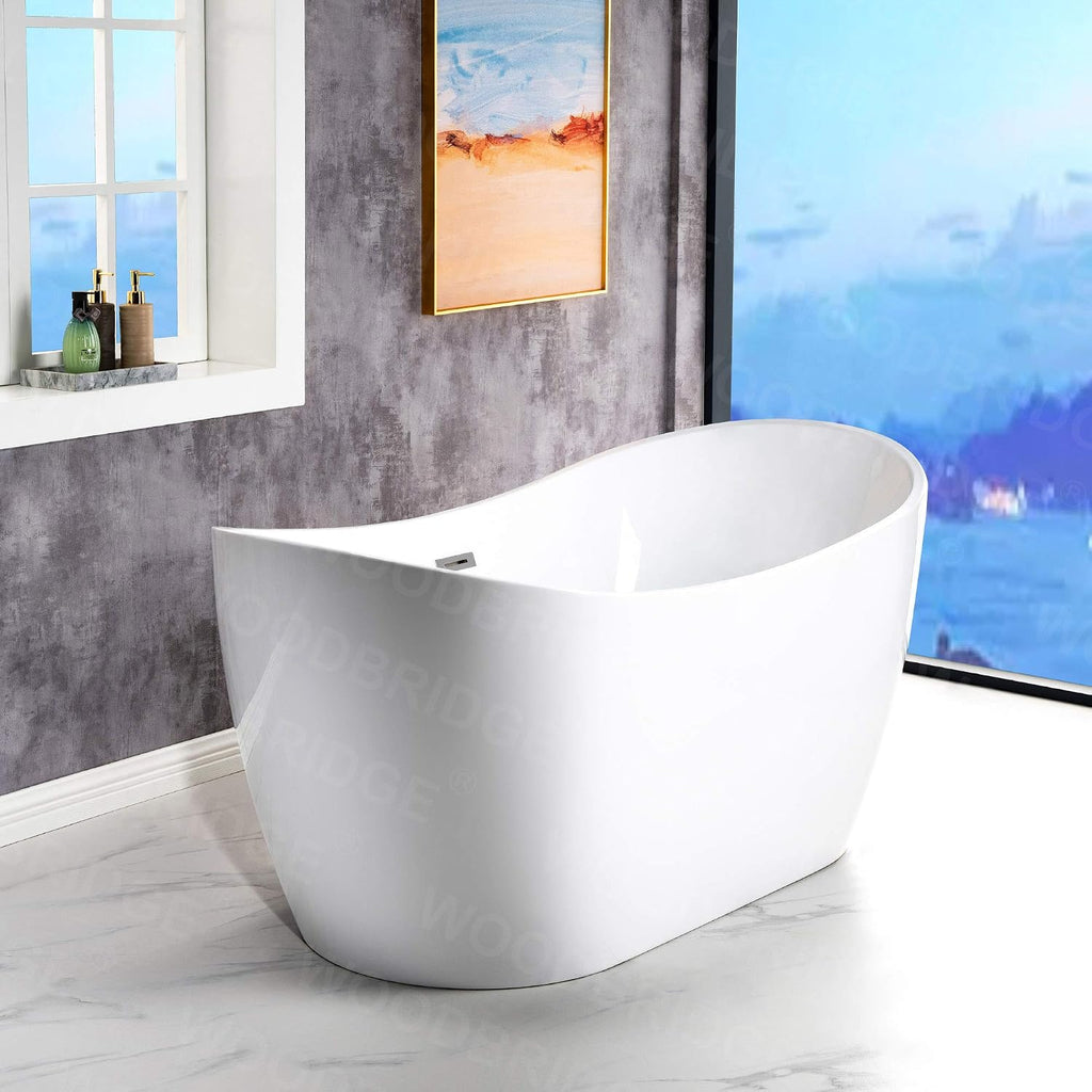 WOODBRIDGE 59' Acrylic Freestanding Bathtub Contemporary Soaking White Tub with Chrome Overflow and Drain，BTA1516-C-Drain-&O