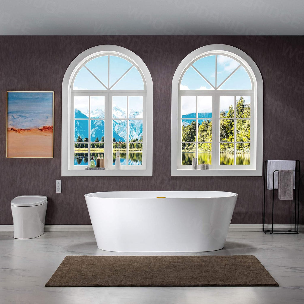 WOODBRIDGE 67'Freestanding White Acylic Soaking Bathtub with Drain Kit and Floor Mount Tub Filler in Brushed Gold,BTA1513 -BG-Drain &O +F0007BGVT