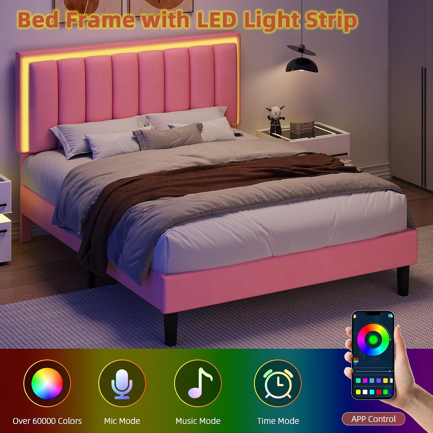 IMMERSTABLE Full Size Bed Frame with RGB LED Lights, Upholstered Platform Bed Frame with Headboard, Wood Slat Support, No Box Spring Needed, Quiet Design, Easy Assembly, Light Pink