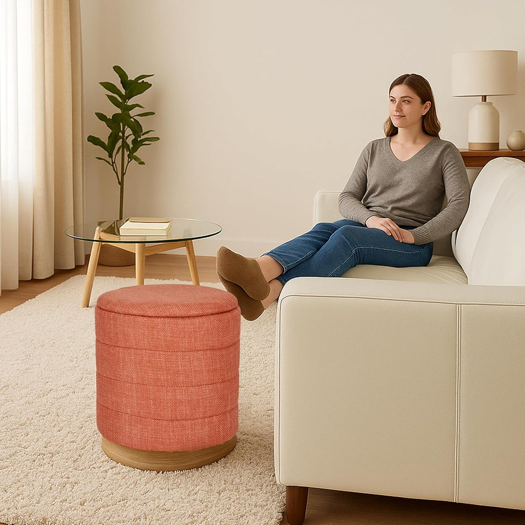 Round Ottoman with Storage – Elegant Durable Linen Upholstered Footrest Bench for Living Room, Cylinder Vanity Stool – Coral Orange