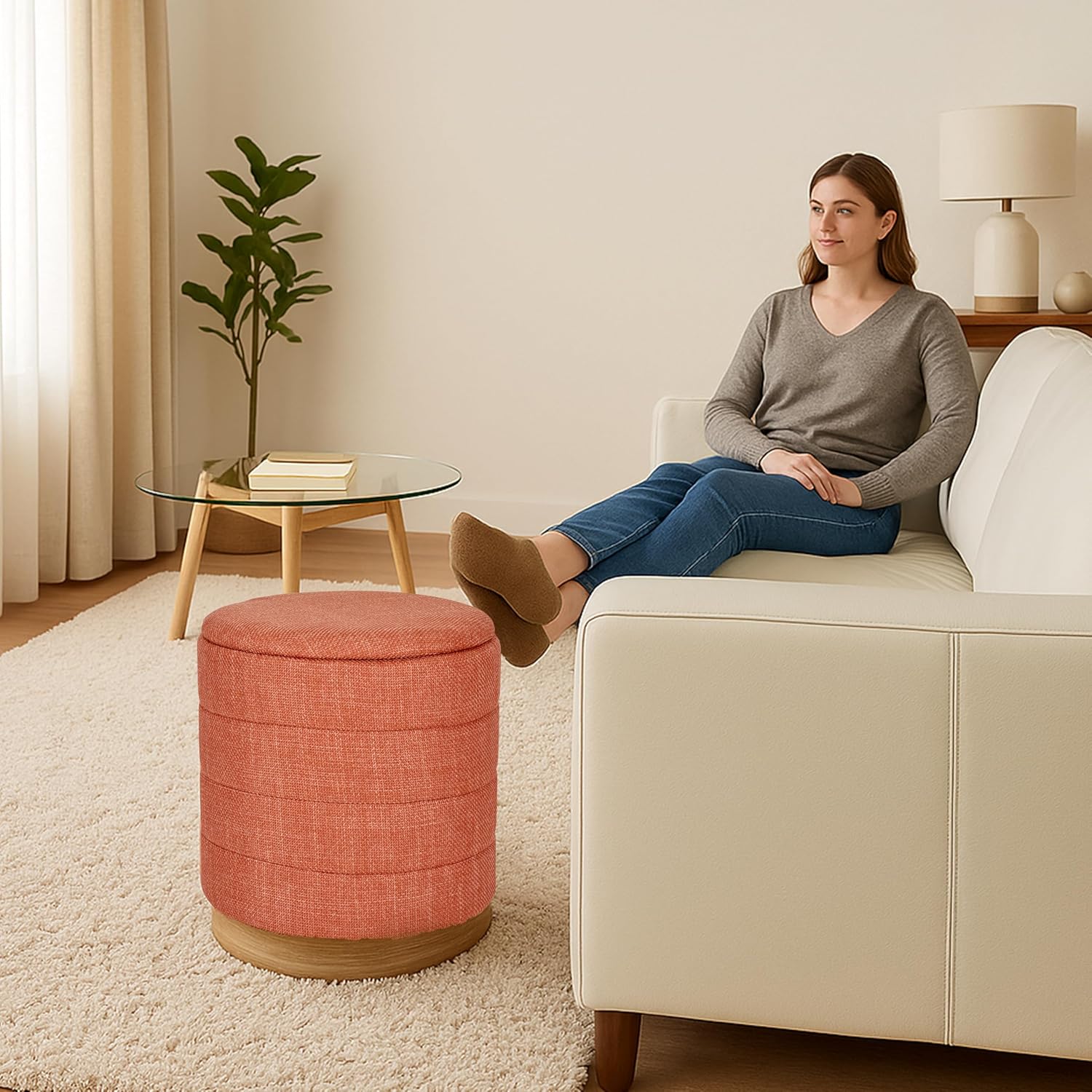 Round Ottoman with Storage – Elegant Durable Linen Upholstered Footrest Bench for Living Room, Cylinder Vanity Stool – Coral Orange