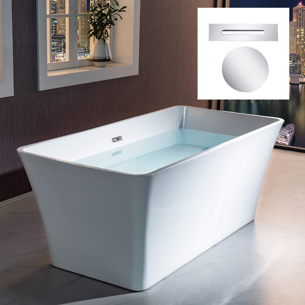 WOODBRIDGE 59' Acrylic Freestanding Bathtub Contemporary Soaking White Tub with Chrome Overflow and Drain，BTA1509 -C-Drain &O