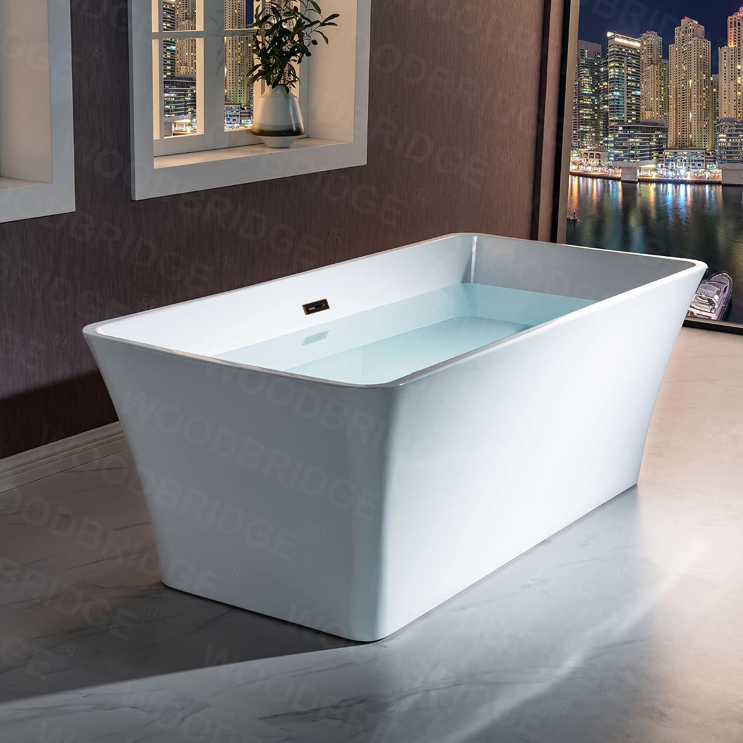 WOODBRIDGE 67' Acrylic Freestanding Bathtub Contemporary Soaking White Tub with Oil Rubbed Bronze Overflow and Drain，BTS1609-ORB-Drain&O