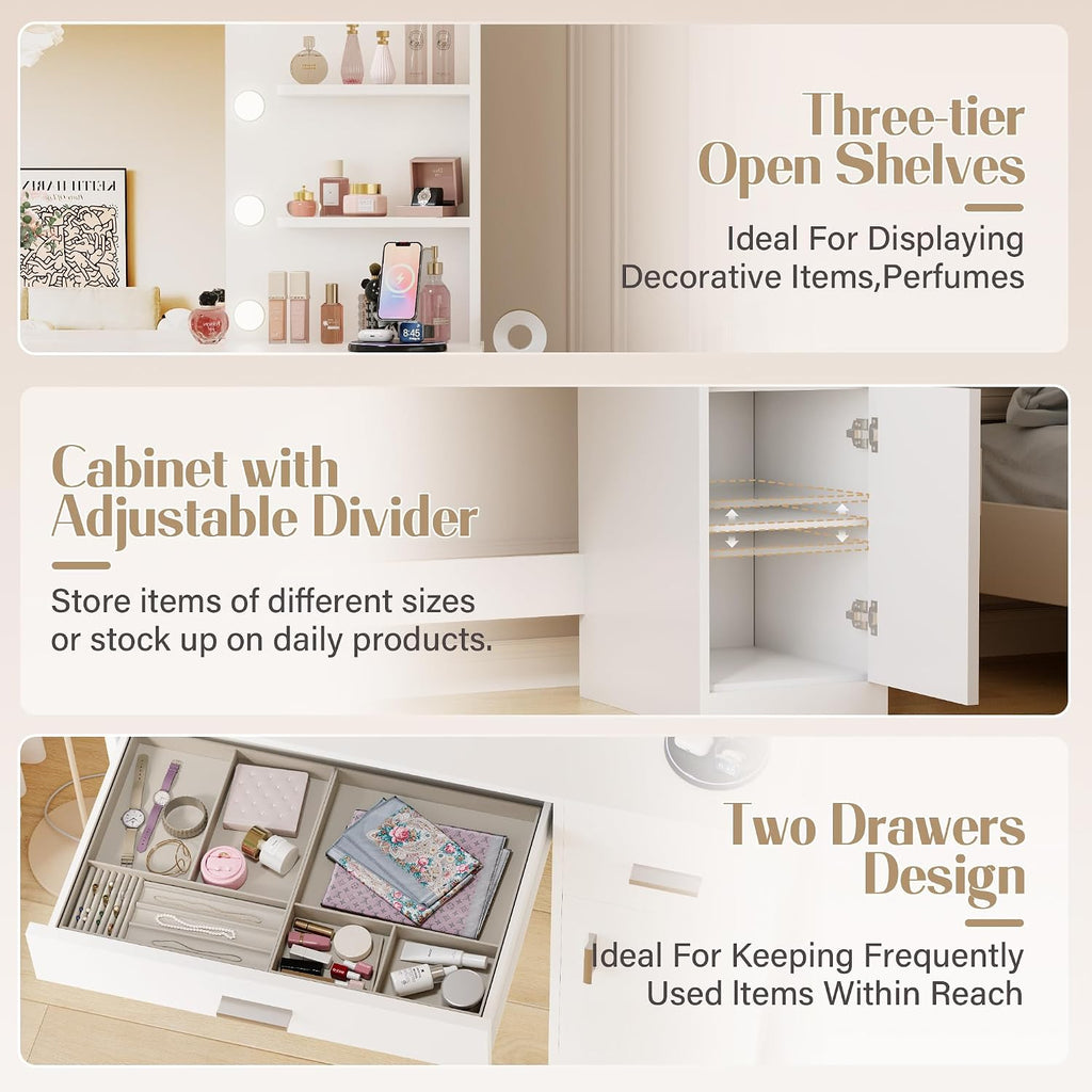 JUMMICO 35.4' Vanity Desk with Mirror and Lights - LED Makeup Vanity Table with Charging Station, 3 Color Adjustable Lights, 3 Drawers & Large Cabinet with Shelves for Bedroom Dressing Room (White)