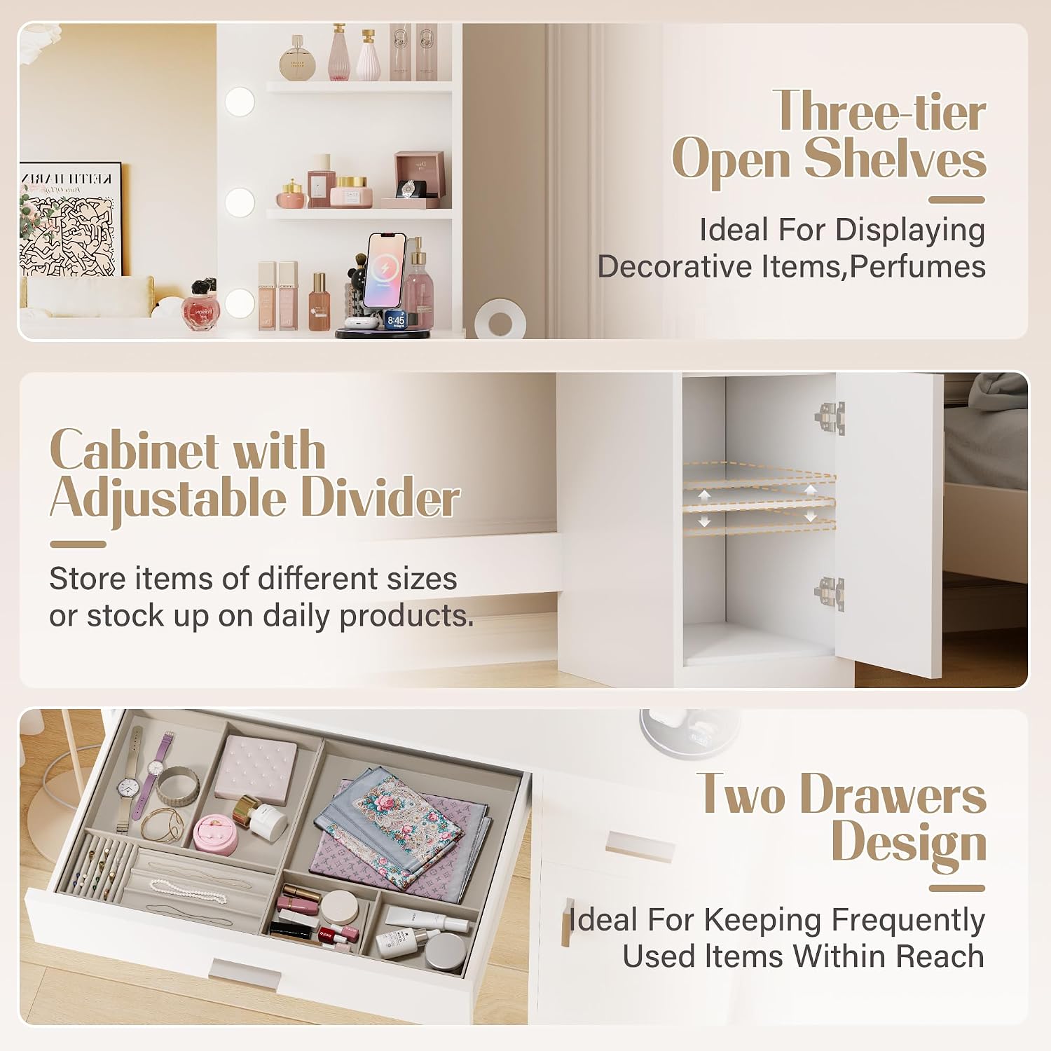 JUMMICO 35.4' Vanity Desk with Mirror and Lights - LED Makeup Vanity Table with Charging Station, 3 Color Adjustable Lights, 3 Drawers & Large Cabinet with Shelves for Bedroom Dressing Room (White)