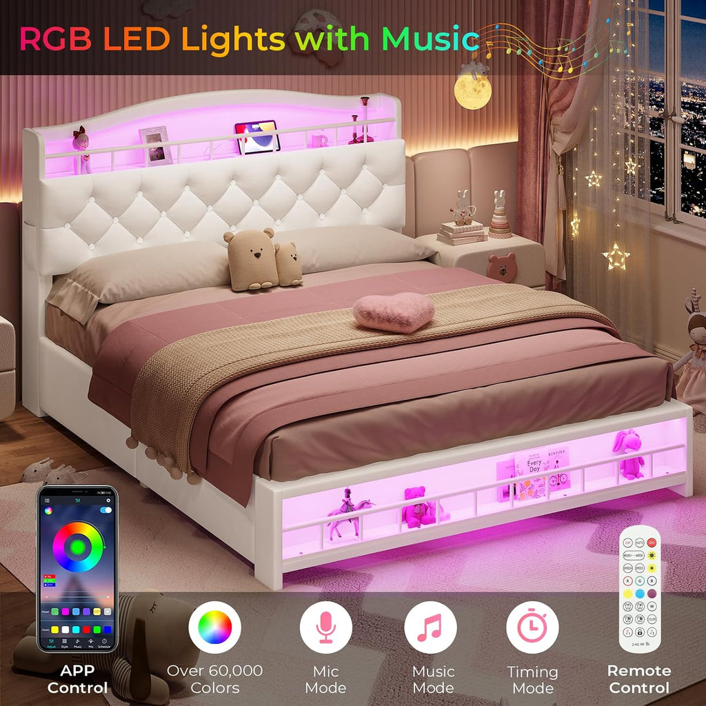 BTHFST Full Bed Frame with Storage Headboard & 4 Drawers, Girl Upholstered Storage Bed with LED Lights & Charging Station, No Box Spring Needed, Easy Assembly, Beige