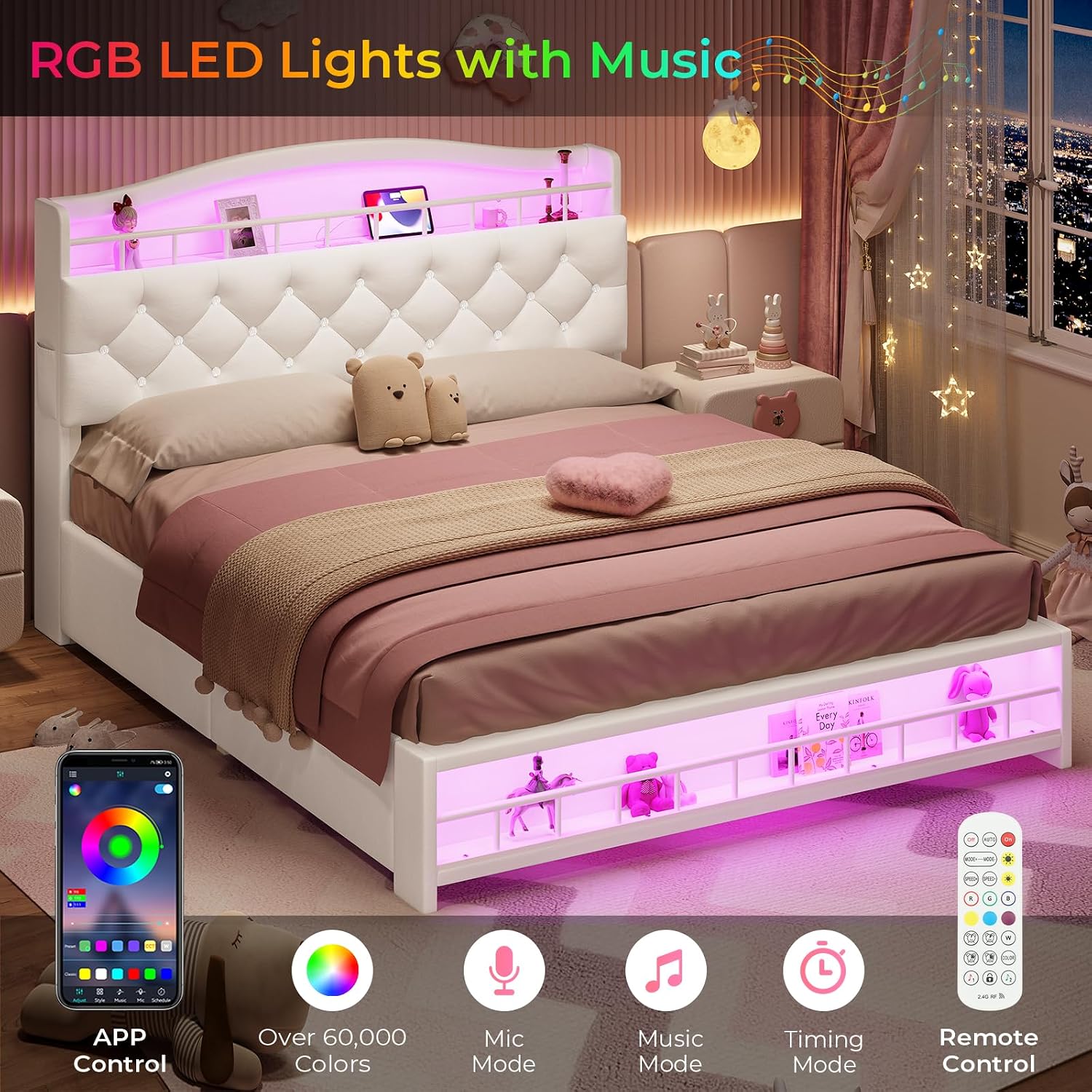 BTHFST Full Bed Frame with Storage Headboard & 4 Drawers, Girl Upholstered Storage Bed with LED Lights & Charging Station, No Box Spring Needed, Easy Assembly, Beige
