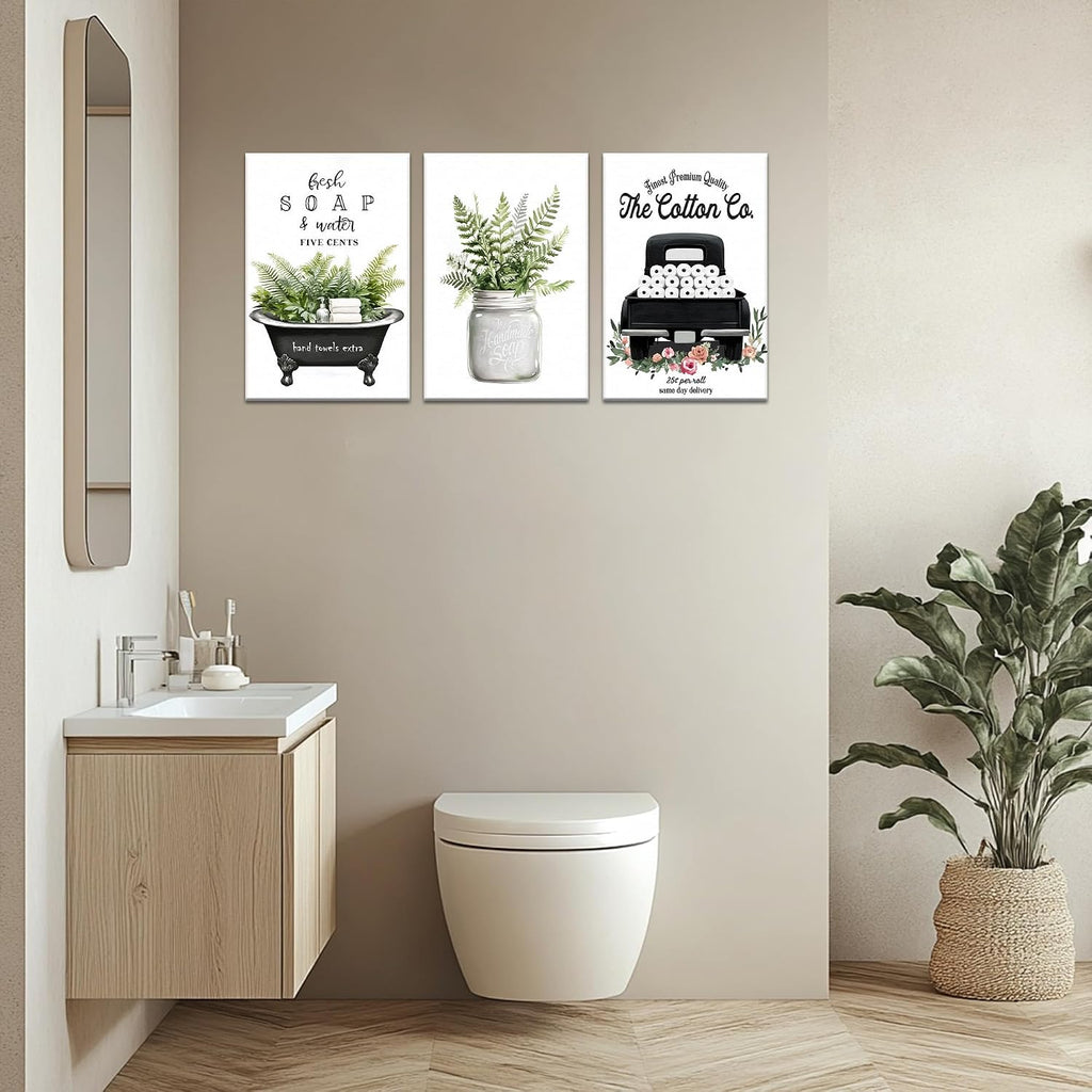 3 Piece Farmhouse Bathroom Decor Wall Art-Rustic Bathroom Canvas Print for Country Room Wall Decor, Rustic Botanical Bathtub Bathroom Decor, Vintage Framed Botanical Artwork for Bathroom 20'x30'x3Pcs
