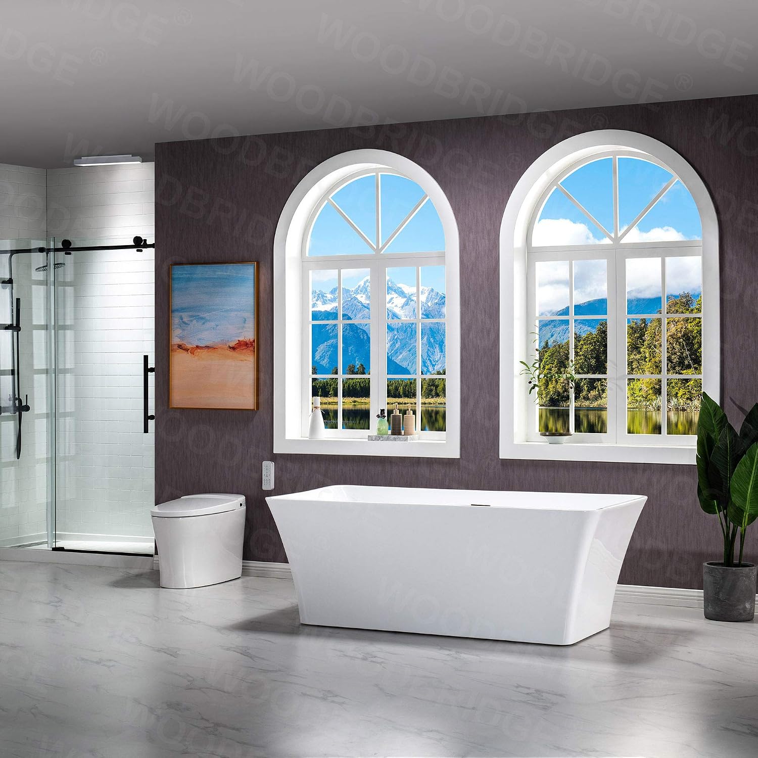 WOODBRIDGE 67' Acrylic Freestanding Bathtub Contemporary Soaking White Tub with Oil Rubbed Bronze Overflow and Drain，BTS1609-ORB-Drain&O