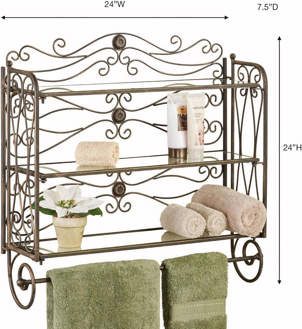 Touch of Class Kadalynn Wall Bathroom Shelf with Towel Bar - Antique Bronze - Handcrafted Metal - Decorative Storage - Mounted Rack Organizer - 3 Shelves - 24 Inches High