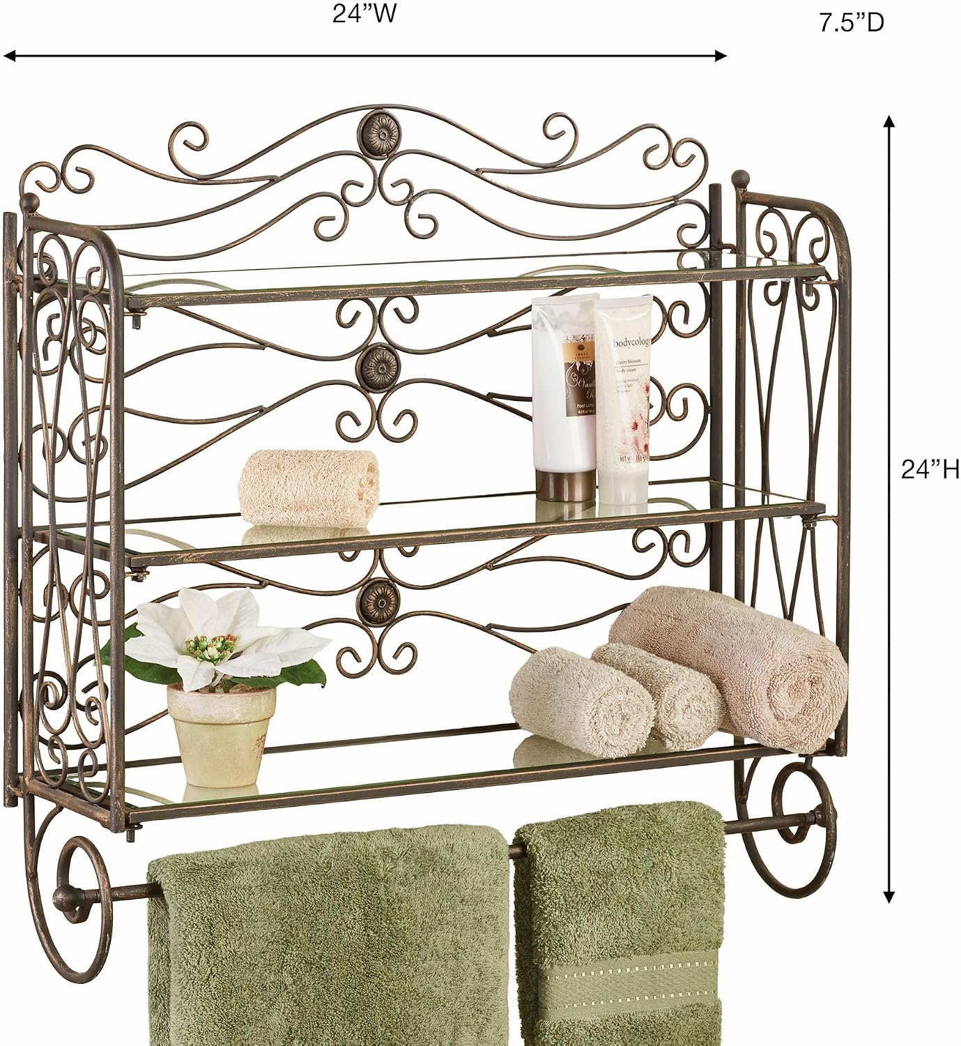 Touch of Class Kadalynn Wall Bathroom Shelf with Towel Bar - Antique Bronze - Handcrafted Metal - Decorative Storage - Mounted Rack Organizer - 3 Shelves - 24 Inches High
