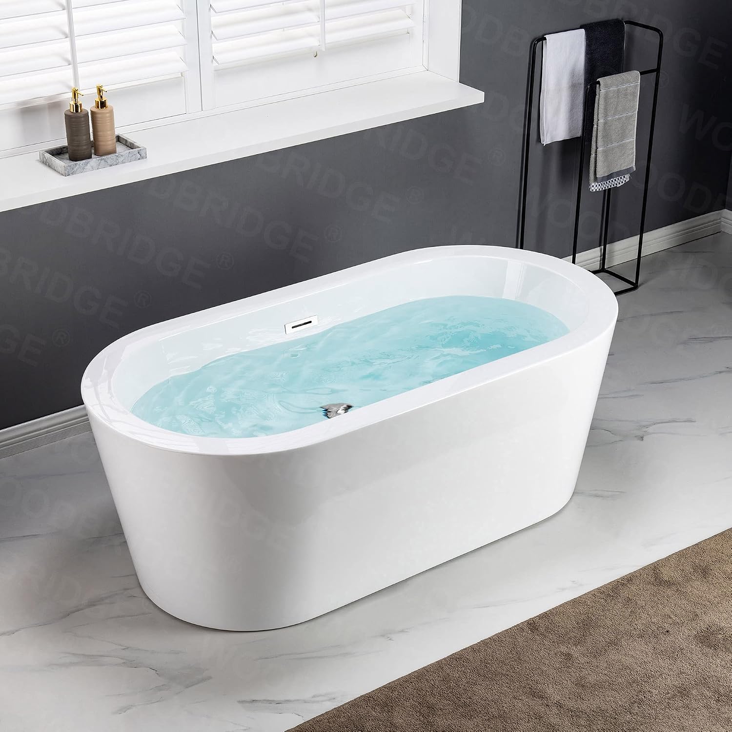 WOODBRIDGE 59' Acrylic Freestanding Bathtub Contemporary Soaking Tub, White Acrylic (Chrome Drain/Overflow),B0012 C-Drain &O