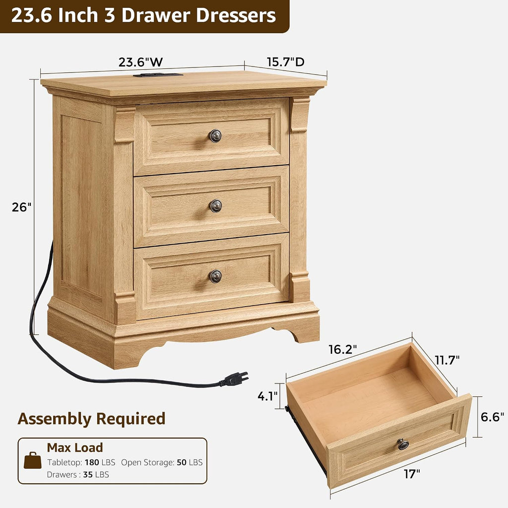 T4TREAM 24' Wide 3 Drawer Dressers, Farmhouse 26' Tall Bedside Side Table with 3 Drawers, Wooden Side Table with Roman Column, End Table for Bedroom, Living Room, Hallway, Oak