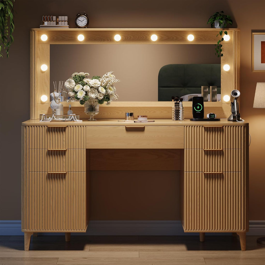 Fluted Makeup Vanity Desk with Large 39.3' Mirror and Lights, 48.8' Wood Vanity, Large Vanity Dressing Table, Modern Wooden Vanity Table for Women and Girls, Bedroom or Dorm (Nature)
